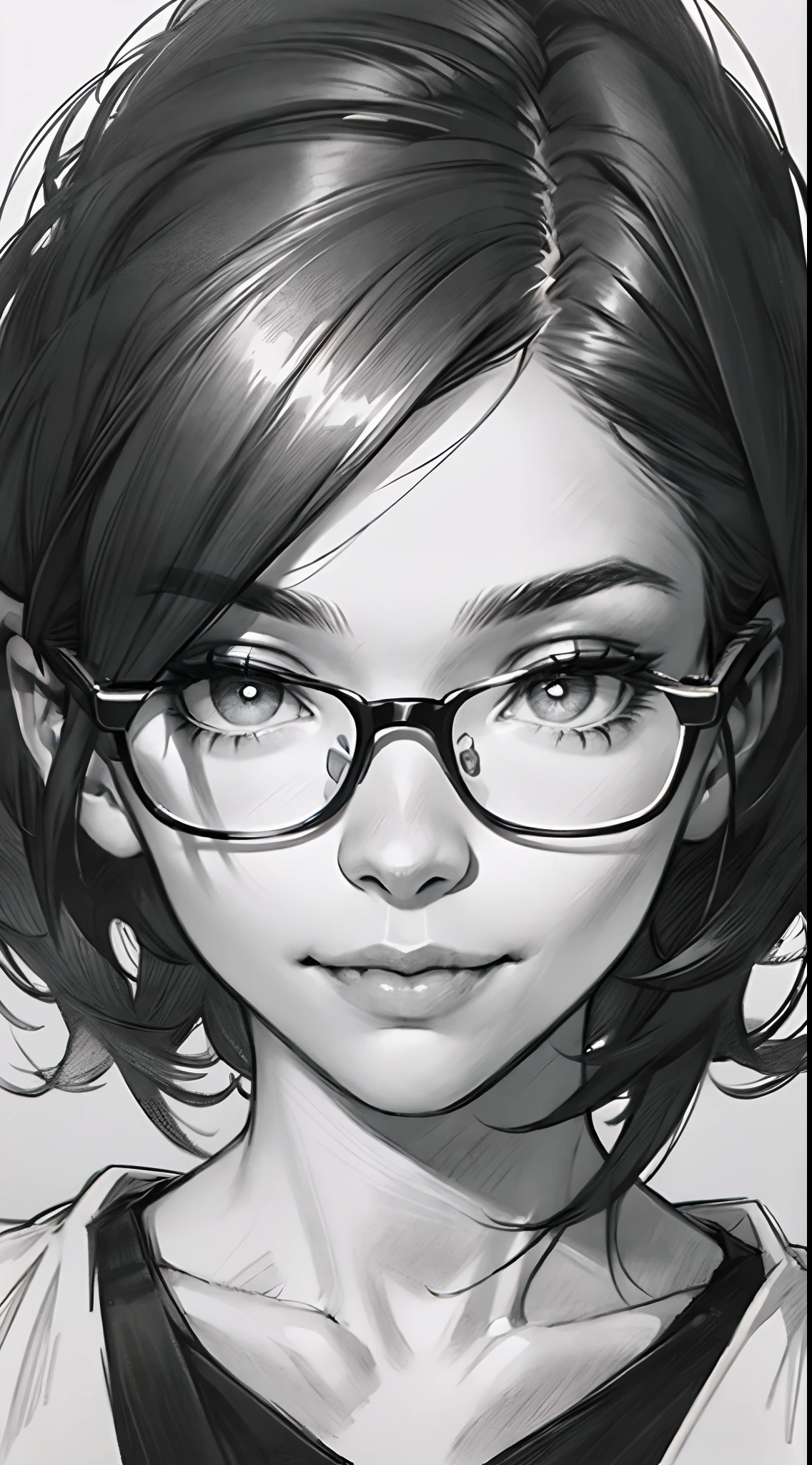 sketching，pencil drawing，Intensify pencil strokes，Portrait of a young woman，short detailed hair，ssmile，Professional Dress，eye glass，Black and white picture，Black and white art，Black and white illustration，super-fine，Hair is carefully described，The eyes are carefully depicted，best qualtiy，8K分辨率