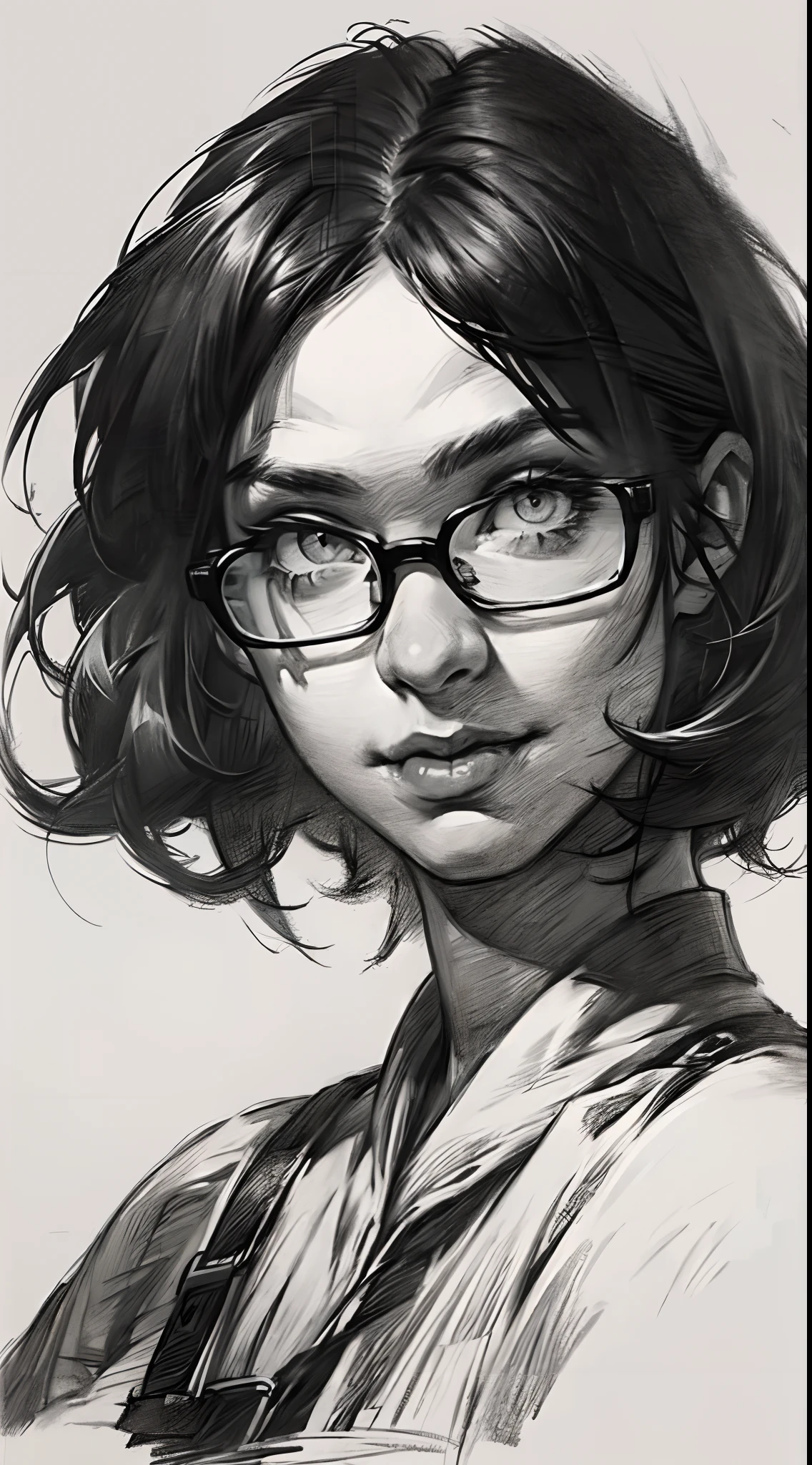 sketching，pencil drawing，Intensify pencil strokes，Portrait of a young woman，short detailed hair，ssmile，Professional Dress，eye glass，Black and white picture，Black and white art，Black and white illustration，super-fine，Hair is carefully described，The eyes are carefully depicted，best qualtiy，8K分辨率