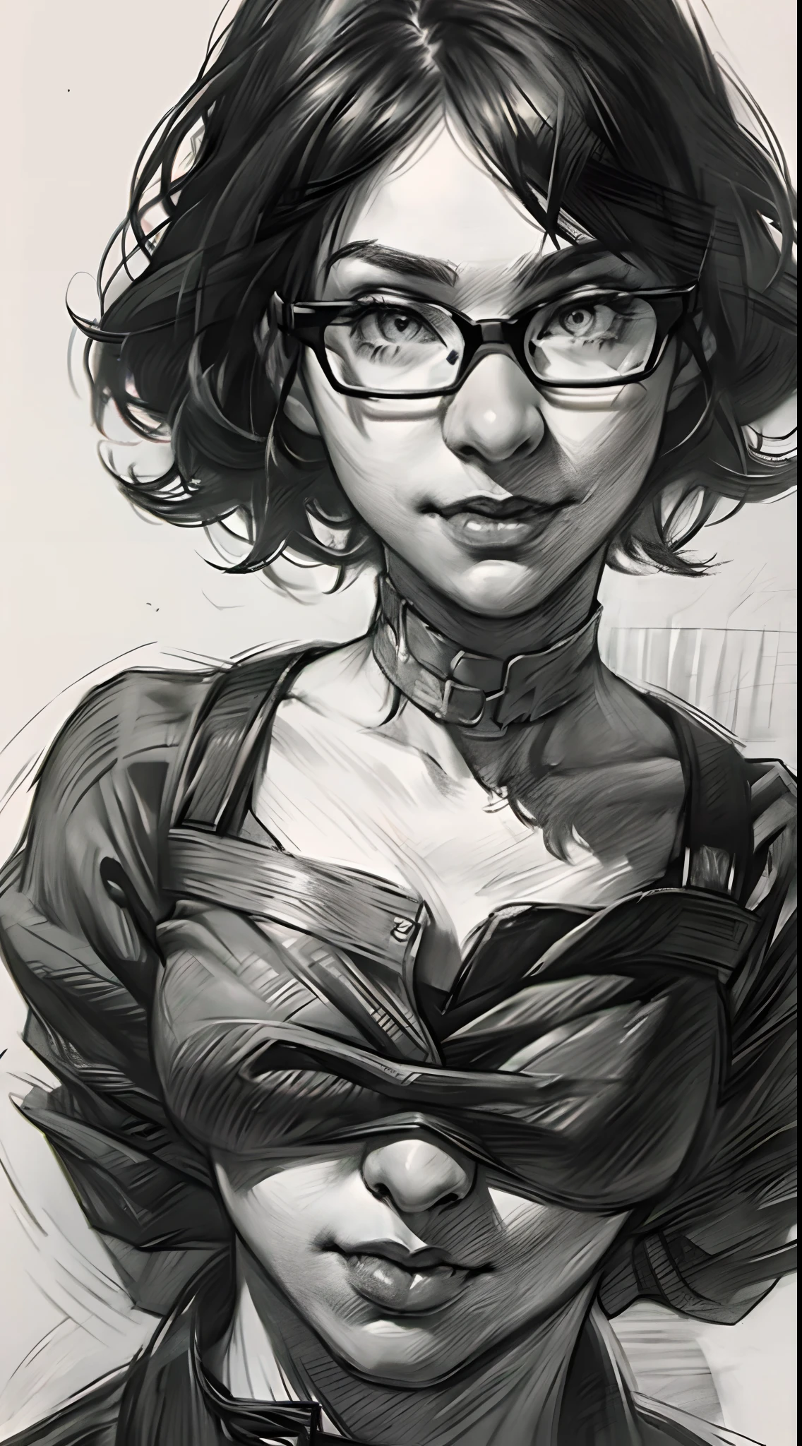 sketching，pencil drawing，Intensify pencil strokes，Portrait of a young woman，short detailed hair，ssmile，Professional Dress，eye glass，Black and white picture，Black and white art，Black and white illustration，super-fine，Hair is carefully described，The eyes are carefully depicted，best qualtiy，8K分辨率