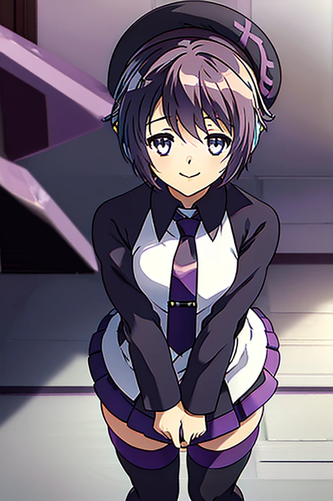 anime style, (Kyoani style), best quality, masterpiece, 1 girl, solo, black purple beret, short hair, bangs, skirt, black thighhighs, purple necktie, robot ears, white blouse, black shirt, white tailcoat, white vest, boots, standing, smiling, upper body, cute expression, looking at viewer