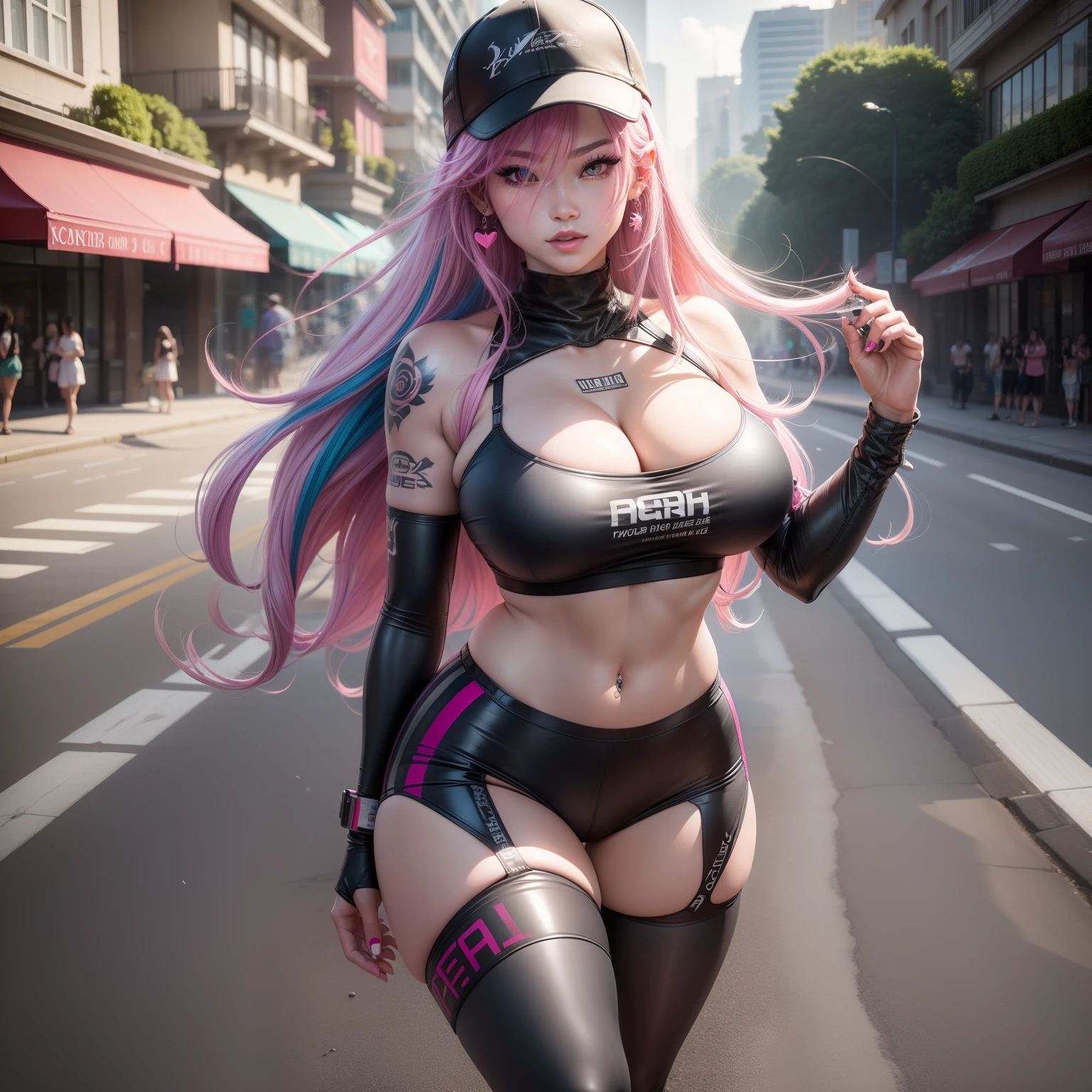 Best quality,Amazing,Masterpiece,Delicate,超高分辨率,Ultra detailed,intricately details,Beautiful detailed,8K resolution,(Extremely detailed Cg Unity 8K wallpaper),Sharp focus,((No text)),breast conscious,gigantic cleavage breasts,Bursting breasts,Lively breasts,framed breasts,dark Makeup,cheerfulness,Reflectors,ahegao,Pink eyes,Heart earrings,1girll,Solo,Female pervert,view the viewer,hair flower,Long hair,multicolored hair,Shiny hair,Barefoot, slim toned waist,Thick thighs,Bare legs, athletic build, tall figure. Walking down street in Hawaii, wearing blue sports bra, strapping sports bra, short leggings, many piercing ears, few tattoos, walking pose, confident pose, black YSL logo baseball cap, black mask, headphones