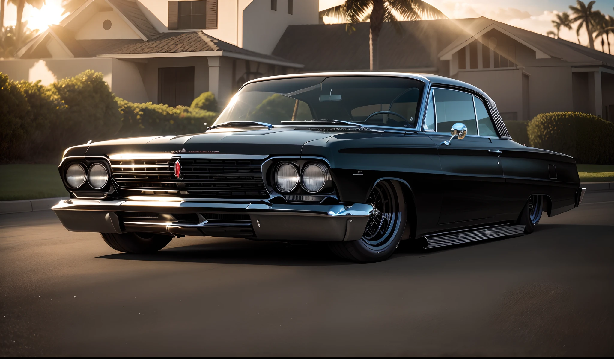 Imponente Preto Pontiac 1965 Show Car, enormes rodas BBS, Ridiculously low posture parked near palm trees and beautiful mansions with oceanfront balconies with the sun shining and reflecting everywhere and on the yachts in the background in sunny California