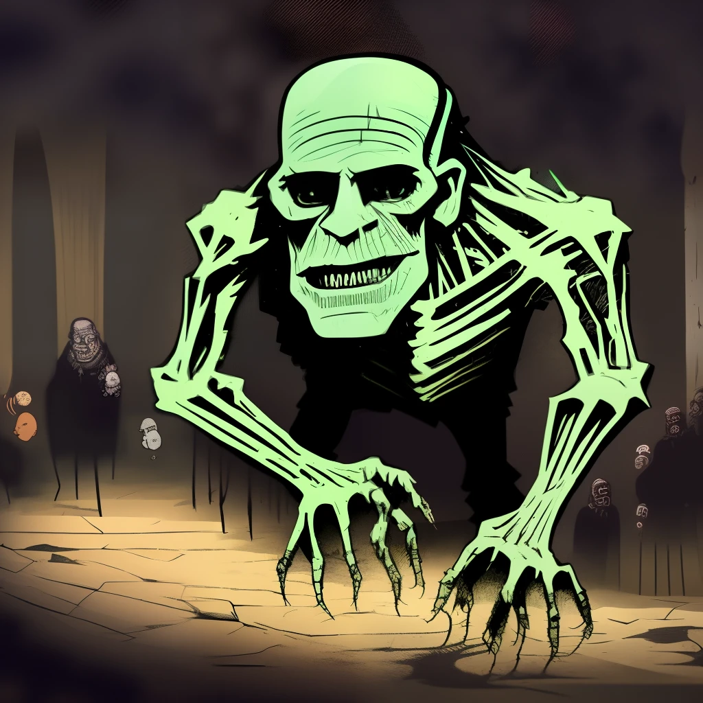 Frankenstein's monster in the gris grimly art style crawling towards the camera as Victor Frankenstein hides