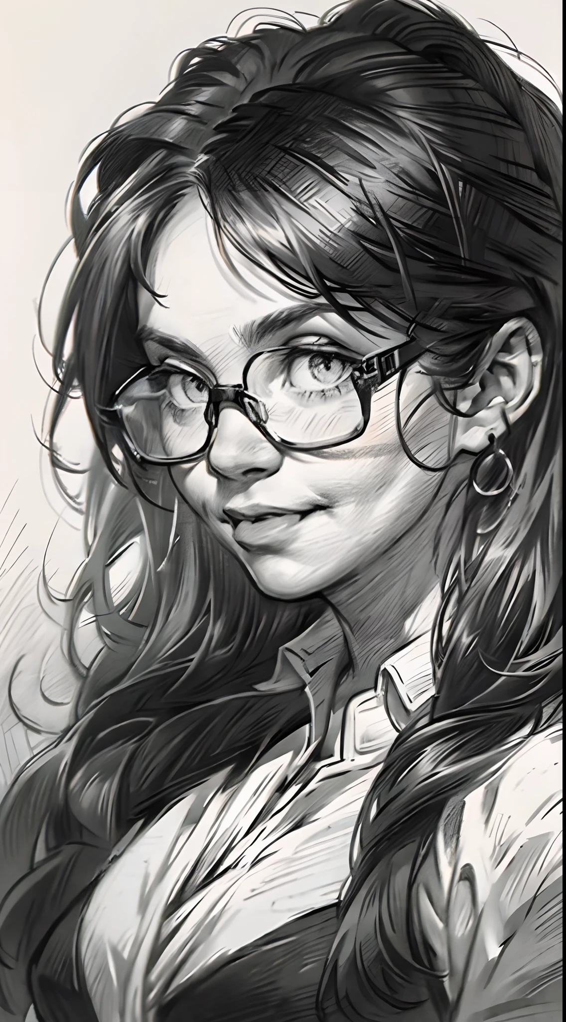 sketching，pencil drawing，Intensify pencil strokes，Portrait of a Young Woman，longwavy hair，ssmile，Professional Dress，eye glass，Black and white picture，Black and white art，Black and white illustration，super-fine，Hair is carefully described，The eyes are carefully depicted，best qualtiy，8K分辨率