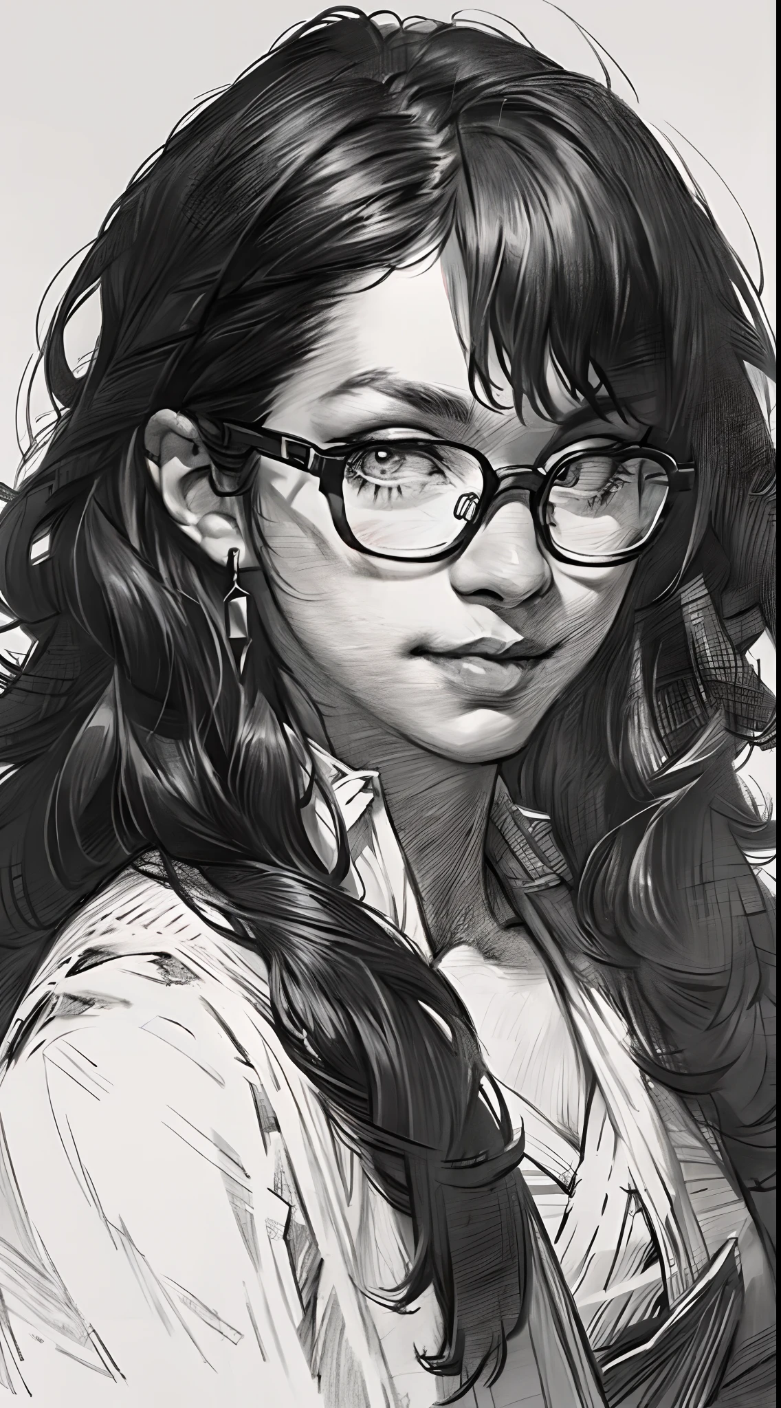 sketching，pencil drawing，Intensify pencil strokes，Portrait of a Young Woman，longwavy hair，ssmile，Professional Dress，eye glass，Black and white picture，Black and white art，Black and white illustration，super-fine，Hair is carefully described，The eyes are carefully depicted，best qualtiy，8K分辨率