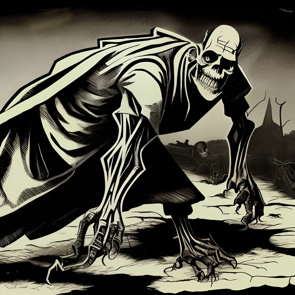 Frankenstein's monster in the gris grimly art style crawling towards the camera as Victor Frankenstein hides