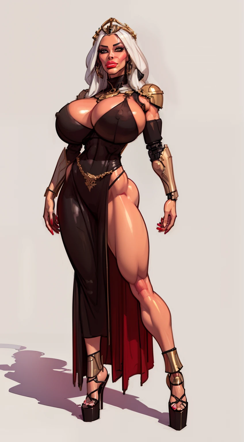 ((masterpiece)),(((best quality))),((character design sheet)), ((full body view)) ((cyberpunk empress)) mature face, ((middle eastern eyes:1.4)), ((cybernetic gown)), (((intricate futuristic breastplate))), defined cheekbones, high cheekbones, illustration, muscular, ((cyber gold:1.4)), sexy bimbo, (gigantic breasts:1.7) black hair, ((detailed face:1.4)) beautiful woman, (Chinese:1.4) (white skin:1.4) , (red lipstick:1.4), shiny skin, scribbles and marks,(puffy lips:1.4) , rough sketches, pose, 8k,16k, (simple background, white background: 1.3) ((warm color palette)), ((cyberpunk aesthetic))
