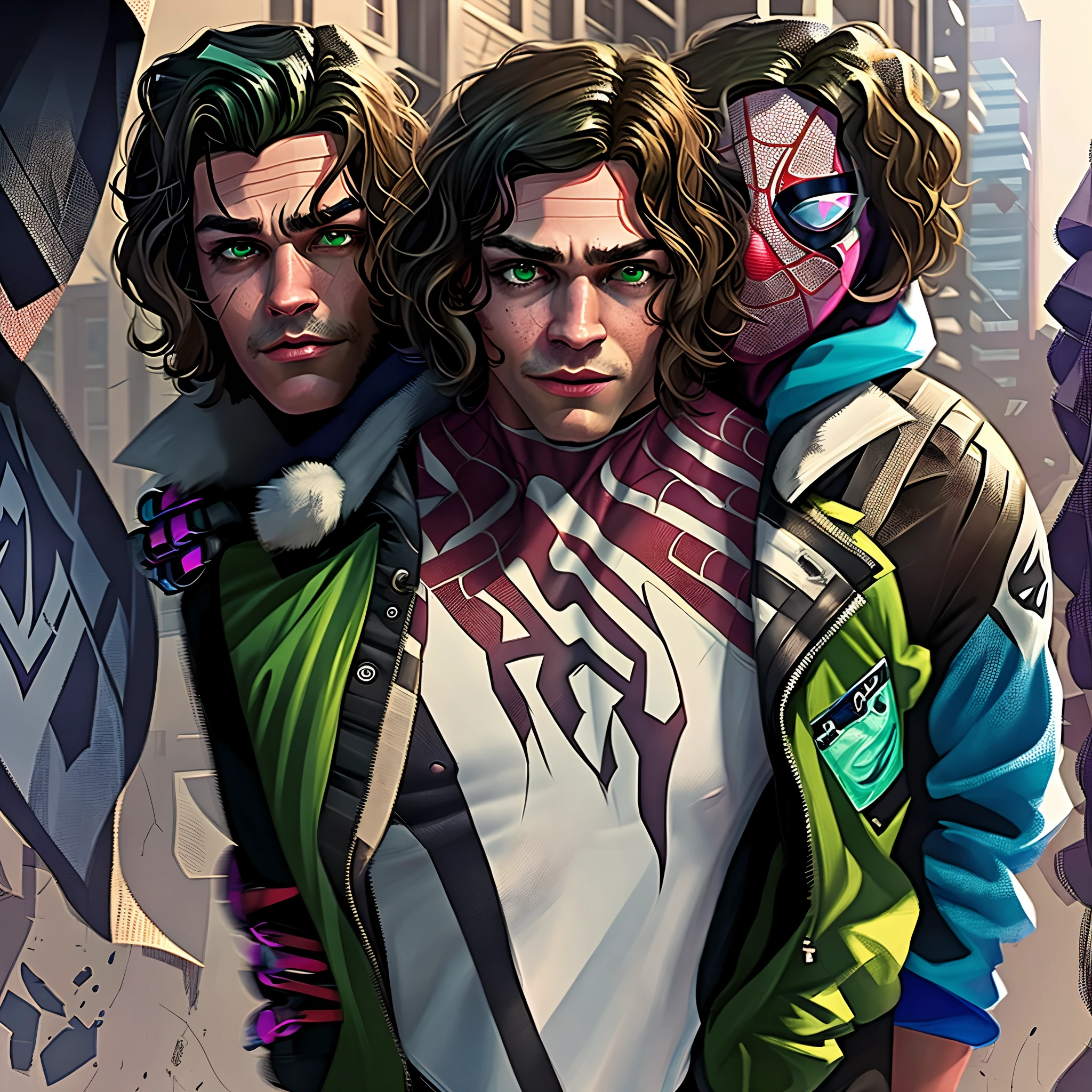 Spiderverse characters, a man with dark brown hair, short hair, deep green eyes,green power, in the city, pale, 21 years old, Spiderverse comic
