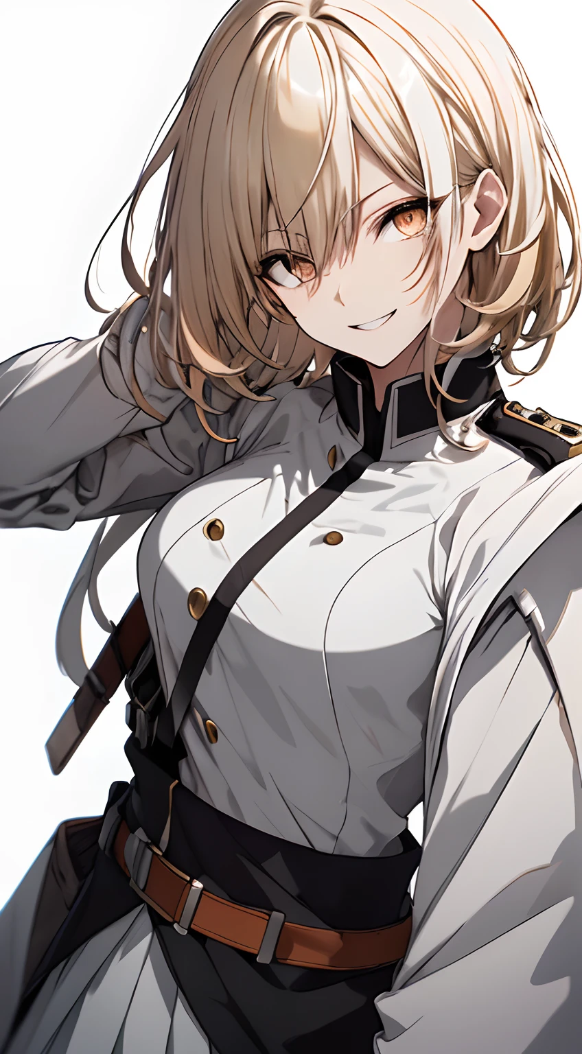 Full body, White one-piece military uniform, Jet black head of hair,(masutepiece:1.2, Best Quality), (finely detailed beautiful eye: 1.2), (beautifull detailed face), High contrast, (Best Illumination, extremely delicate and beautiful), ((Cinematic Light)), Dramatic light, Intricate details,Dark orange eyes, Shining eyes,short stature, Smaller chest、Belt under the chest、White military uniform, White skirt,blonde hair, Black tie, (Pale white background:1.5), Wolf Cut Hair, accurate hands, Look at me and smile, ruddy skin