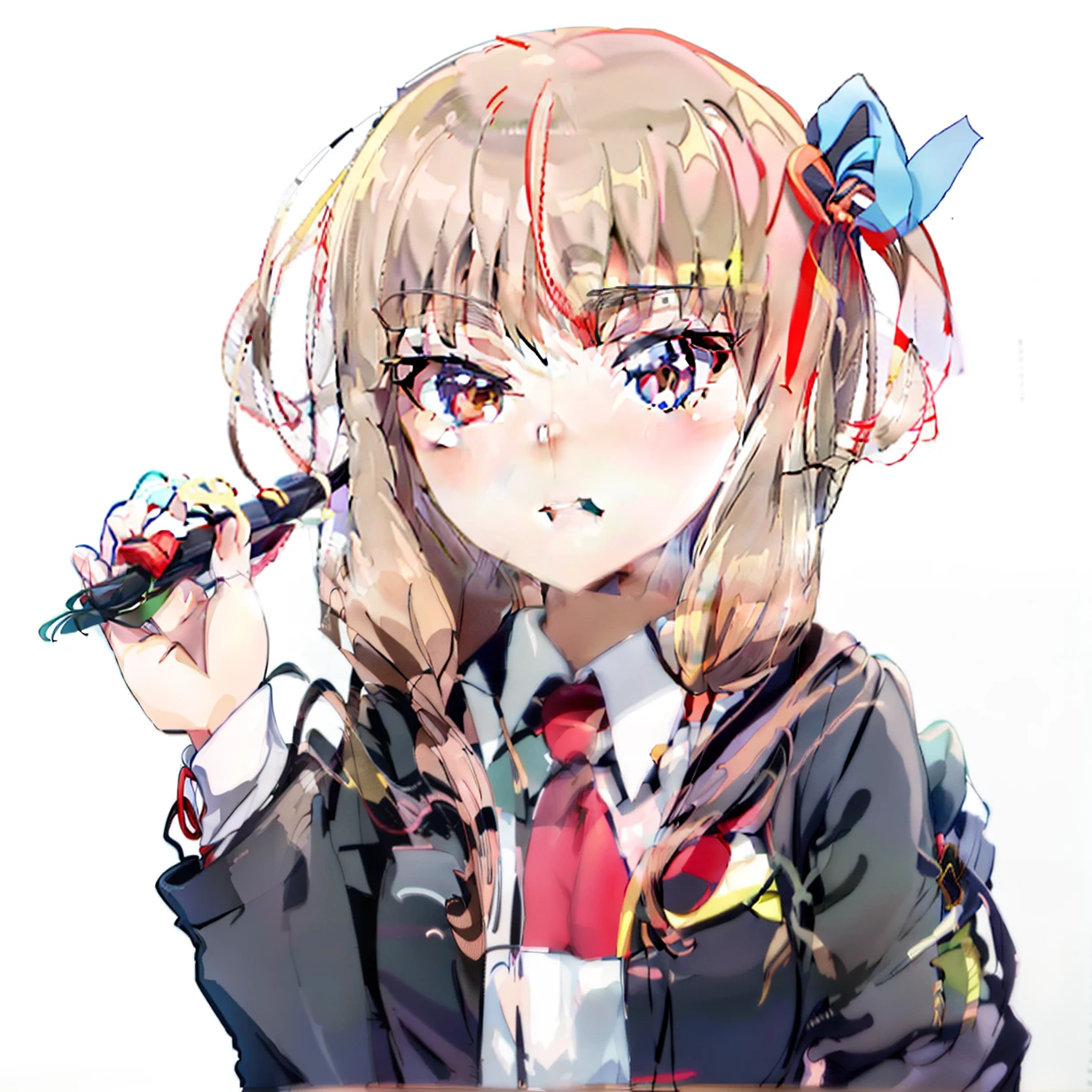 anime girl with long hair and a red tie holding a pen, anime moe artstyle, with index finger, in an anime style, rei hiroe, an anime girl, as an anime character, school girl, young anime girl, hajime yatate, in anime style, anime style portrait, kinmoza!, flat anime style shading, subtle anime style