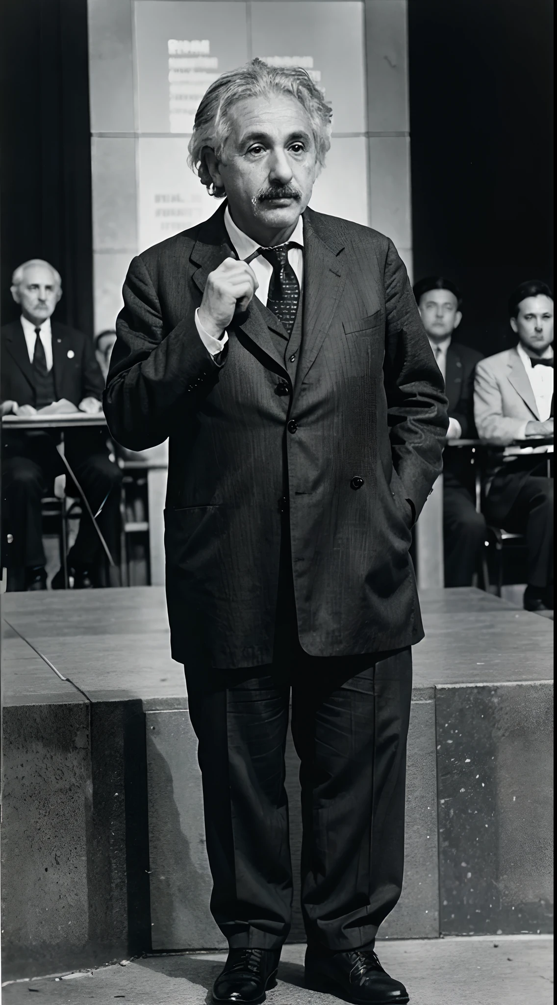 Depict Einstein as a passionate advocate for peace and human rights, standing at a podium with a crowd, delivering a powerful speech against discrimination and injustice."