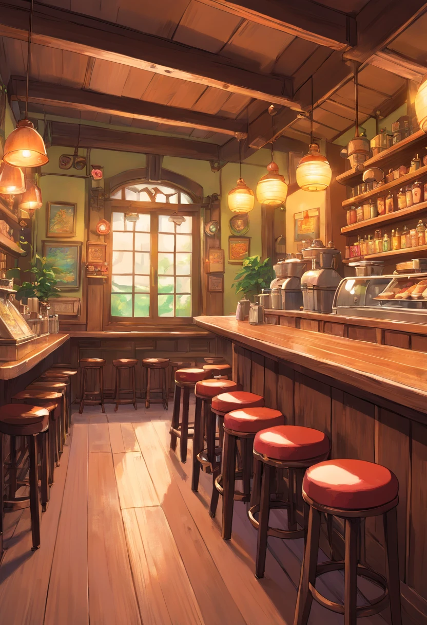 Cafe, interior background art, a tavern, game art, in cafe, (a low angle shot), ((a dutch angle shot)),