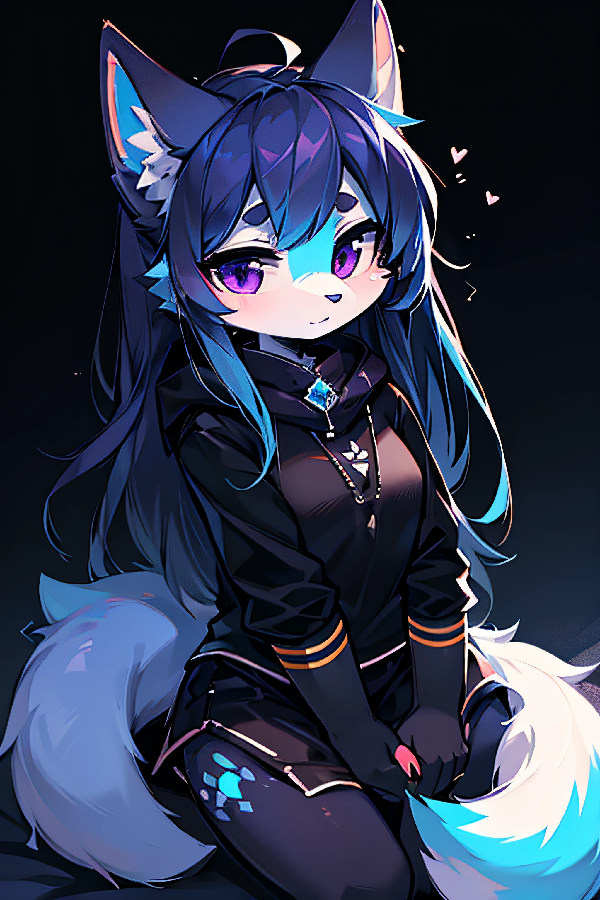 1 girl, anthropomorfic fox, anthro, fox, blue fur, blue boddy, white details, purple eyes, e621, black clothage, black ears, black  paws, blue hair, long hair, cute, chibi, holding two revolvers.