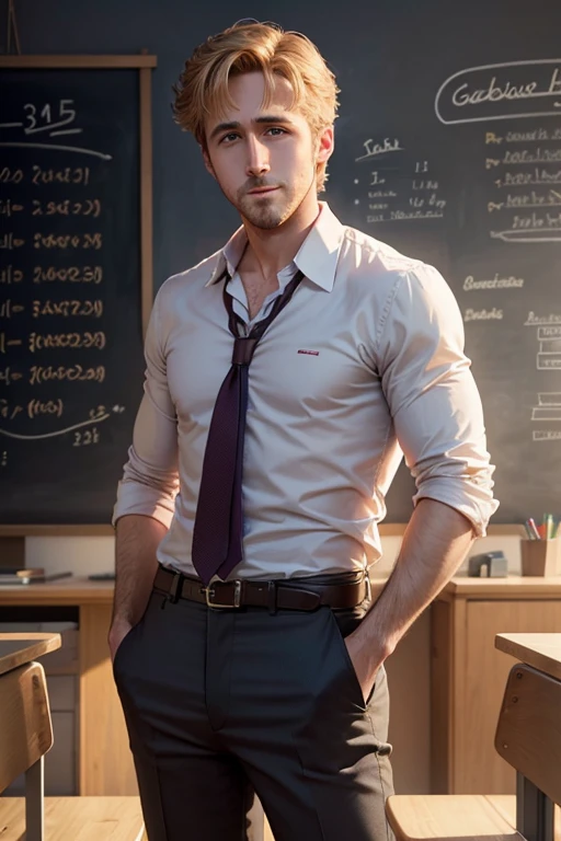 (Masterpiece, Hyperrealistic, 8k, HDR, RAW), ((Natural illumination)), window illumination, inside illumination, (((Inside a classroom))), ((handsome man)), american boy, bad boy, 18 years old, ((White shirt)), ((brown trousers)), ((Glasses)), ((short wavy hair)), ((Tall)), ((Toned muscular body)), ((bulge)), ((brown hair)), sexy face, big eyes, grin, perfect anatomy