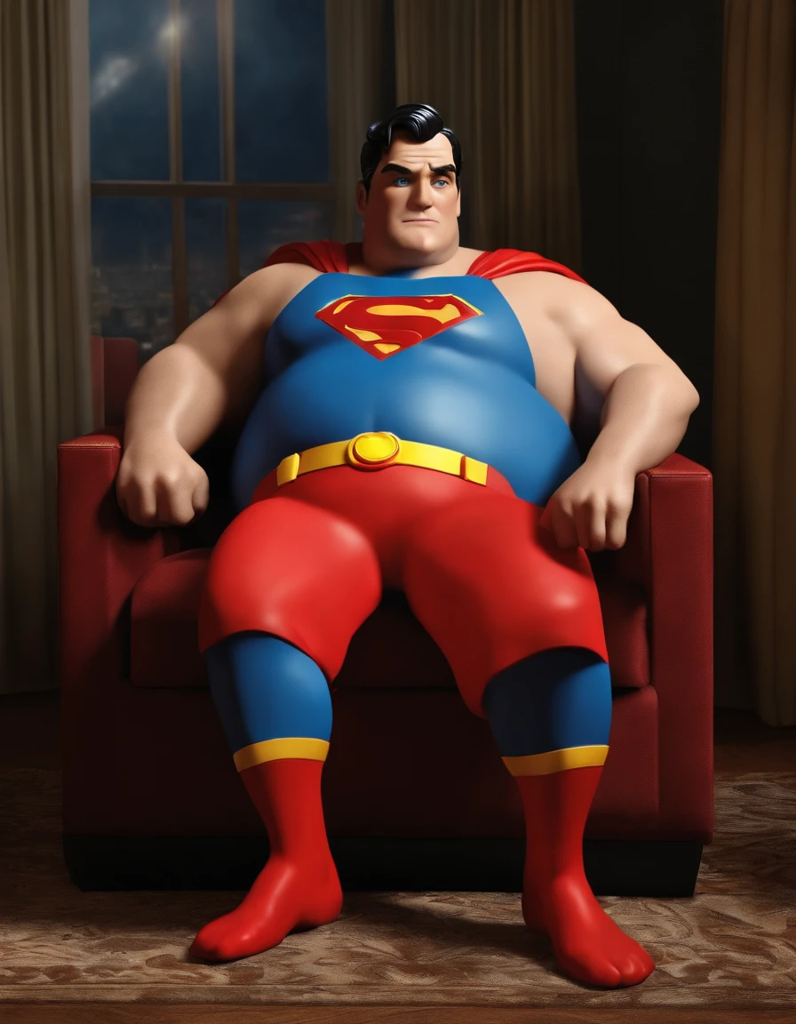 superman sitting i the sofa watching tv. He is fat and tired and retired