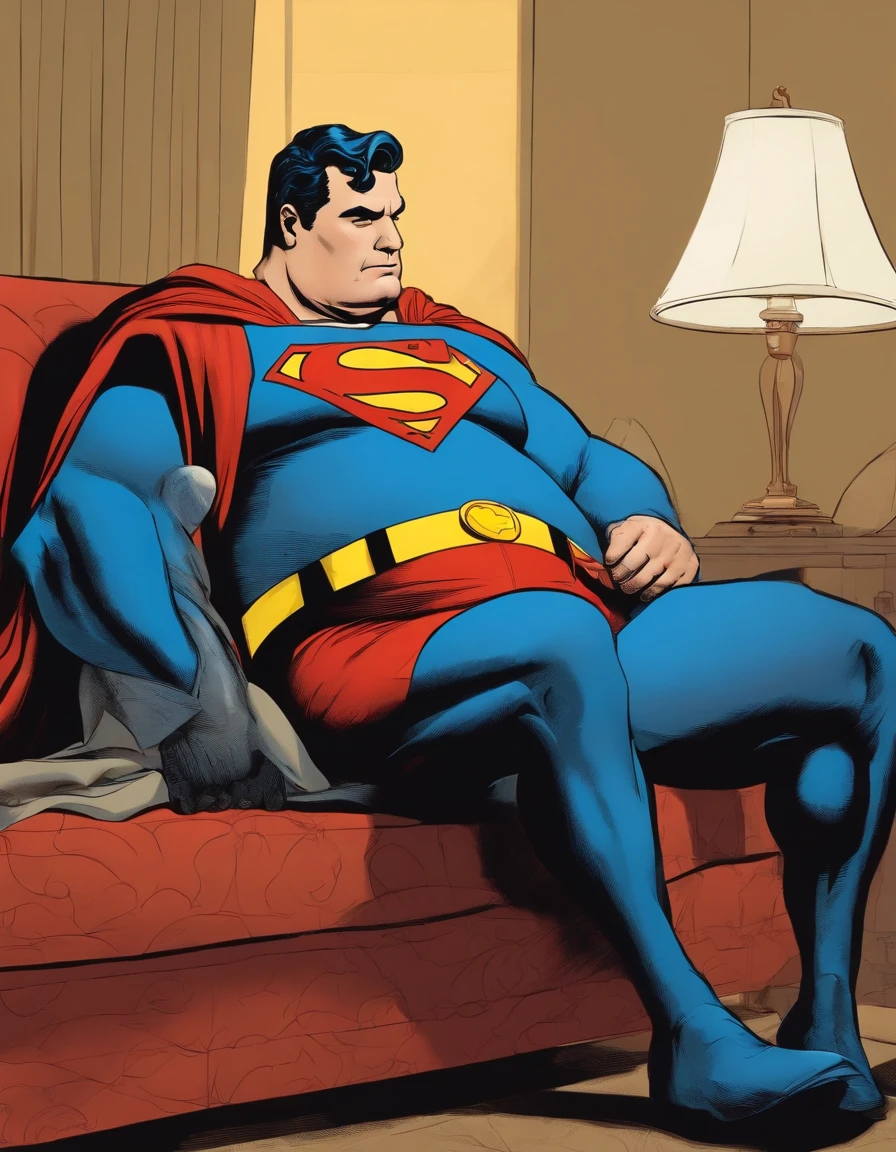 superman sitting i the sofa watching tv. He is fat and tired and retired