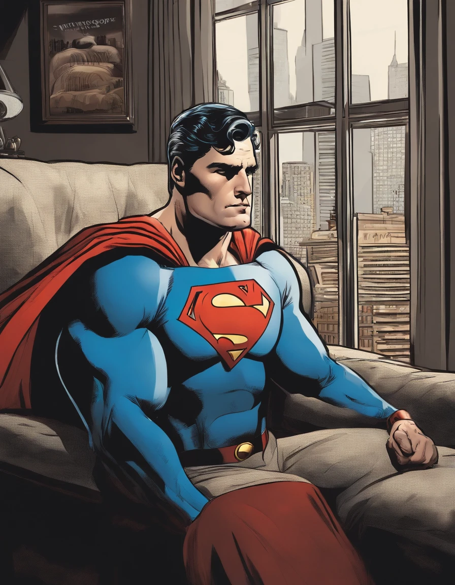 superman sitting i the sofa watching tv. He is fat and tired and retired