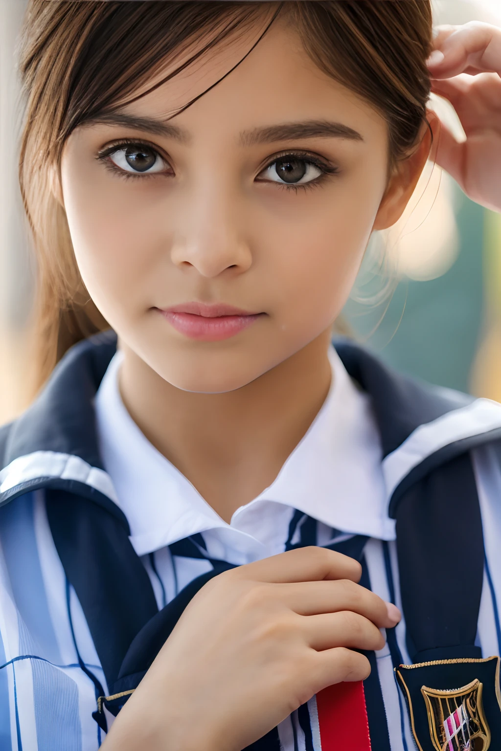 1linda jovem, olhos e rosto extremamente detalhados, Realistic, extremamente detalhado CG unificado 8k wallpaper, ighly detalhado, high-definition RAW color photos, fotografia profissional, Realistic portrait, Cinematic light, lindo detalhado, Corar, envergonhado, (beautiful breasts:1.3), (clivagem da mama:1.2), (pele realista:1.2), (best quality:1.4), Super Detalhe, alta qualidade, (uniforme escolar com seios bem abertos:1.3), (mini saia), (:1.5), Detalhes Cameltoe, dentro, escola, sentado, pernas abertas, (view from below:1.2),