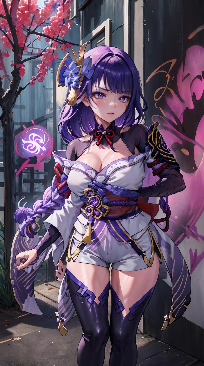 Raiden Shogun Genshin Effects Effects, master-piece, bestquality, 1girls, bara, crop top, Black long sleeve coat, shorts jeans, choker, (Graffiti:1.5), color splashes, arm behind back, against wall, looking at the audience, bracelet, Thigh strap, Head tilt, bored, multicolored hair, water eyes, headset, sexy, pretty