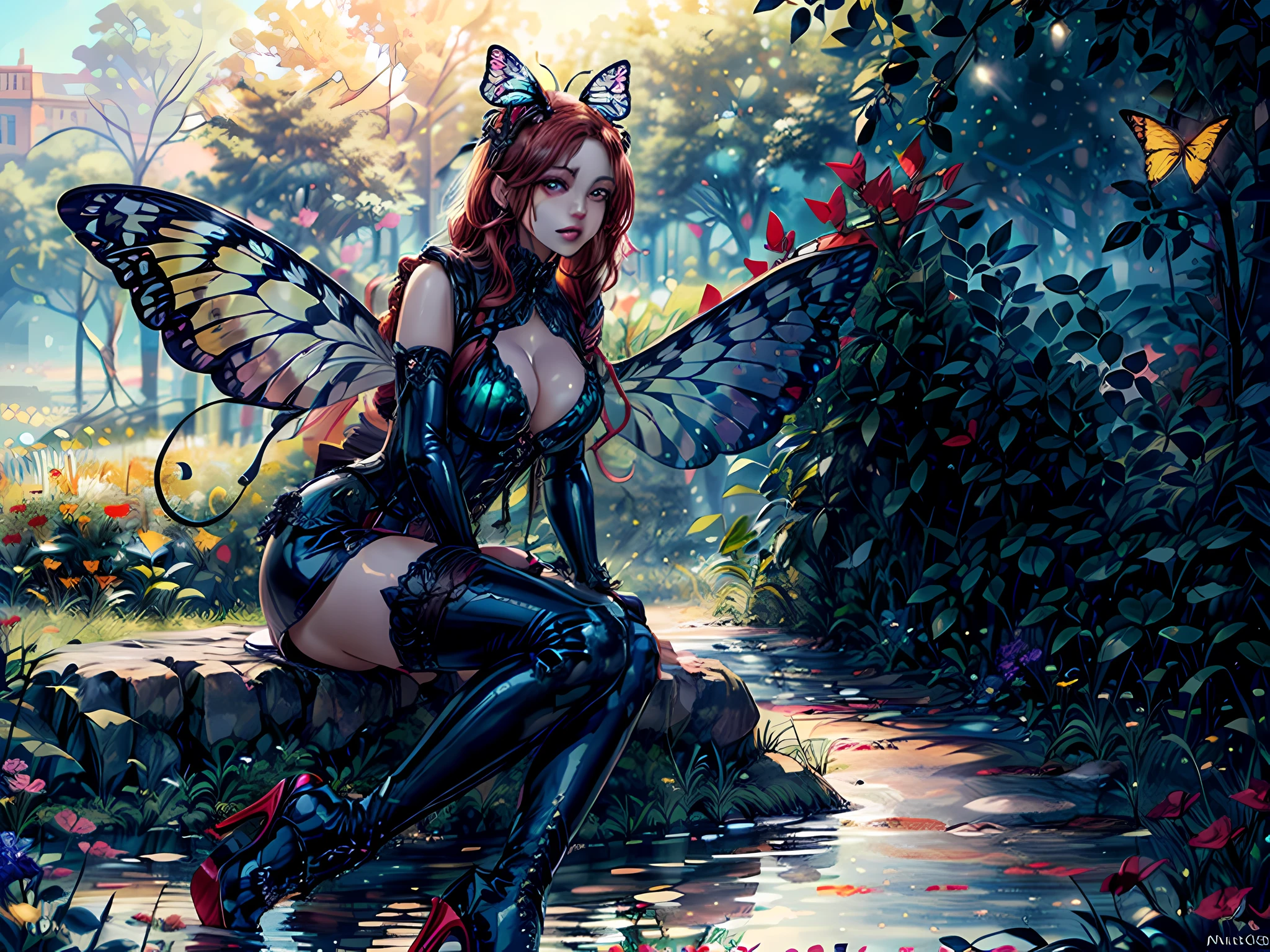 fantasy art, RPG art, picture of a  (butterfly anthromorphic: 1.5  resting in a rainbow colored flower meadow, full body, an exquisite beautiful (ultra detailed, Masterpiece, best quality: 1.4) butterfly anthromorphic: 1.5, dynamic angle (best detailed, Masterpiece, best quality), best detailed face (best detailed, Masterpiece, best quality: 1.5), ultra feminine (best detailed, Masterpiece, best quality), (white butterfly wings: 1.3)  butterfly_wings, red hair, long hair, braided hair, dynamic eyes color, (wearing latex corset: 1.4), red corset, (black high heeled boots: 1.4), resting in (rainbow colored flower meadow: 1.6), full colored, (perfect spectrum: 1.3),( vibrant work: 1.4) vibrant shades of red, orange, yellow, green, blue, indigo, violet  day light, sun rising,  high details, fantasy art, RPG art best quality, 16k, [ultra detailed], masterpiece, best quality, (ultra detailed), full body, ultra wide shot, photorealistic,