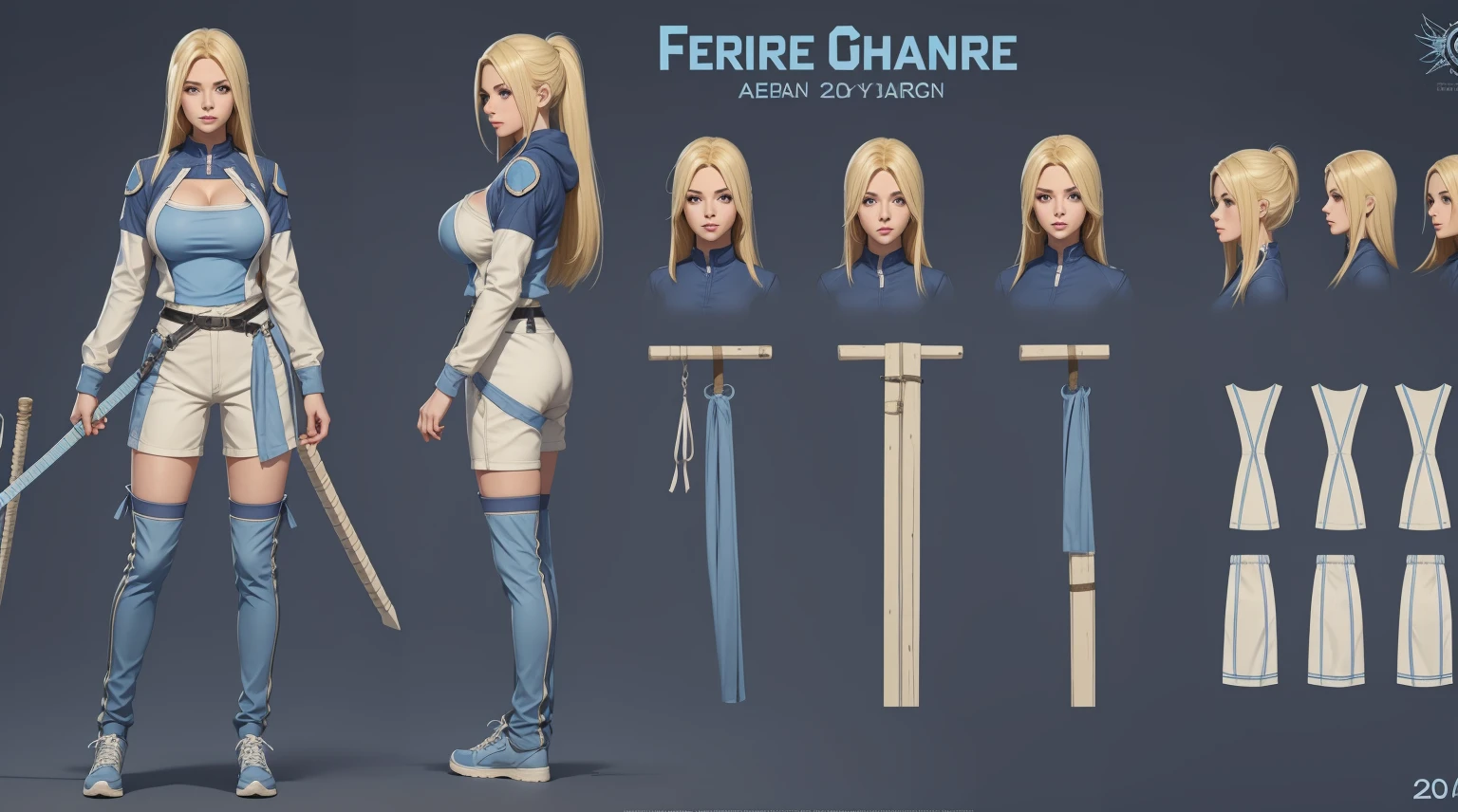 Female original character reference sheet adoptable((20year old)), hair((straight, blonde)), eyes((blue)), clothes((fencing clothes)), large breast,