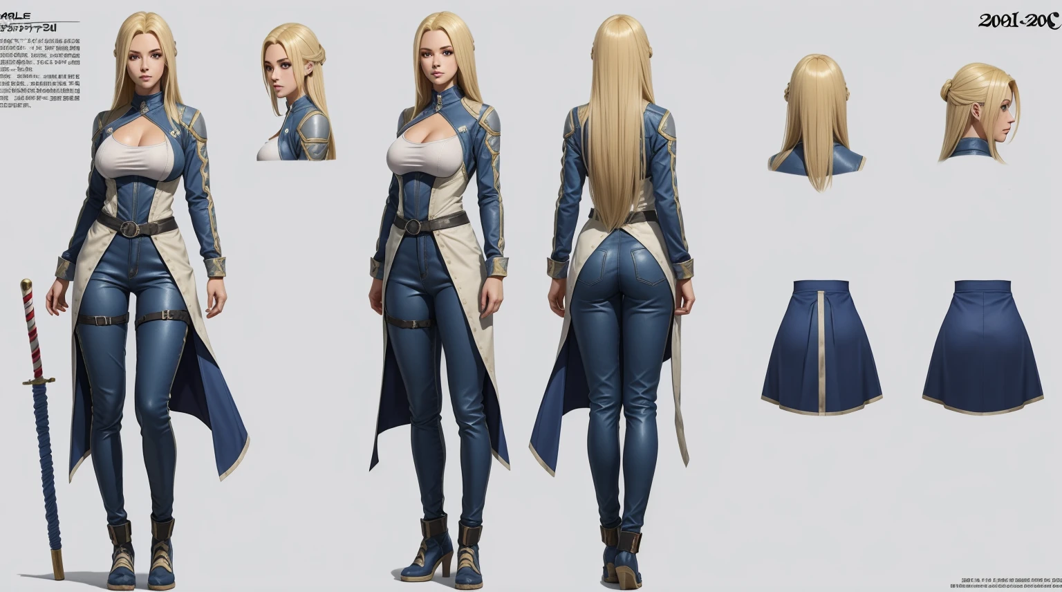 Female original character reference sheet adoptable((20year old)), hair((straight, blonde)), eyes((blue)), clothes((fencing clothes)), large breast,
