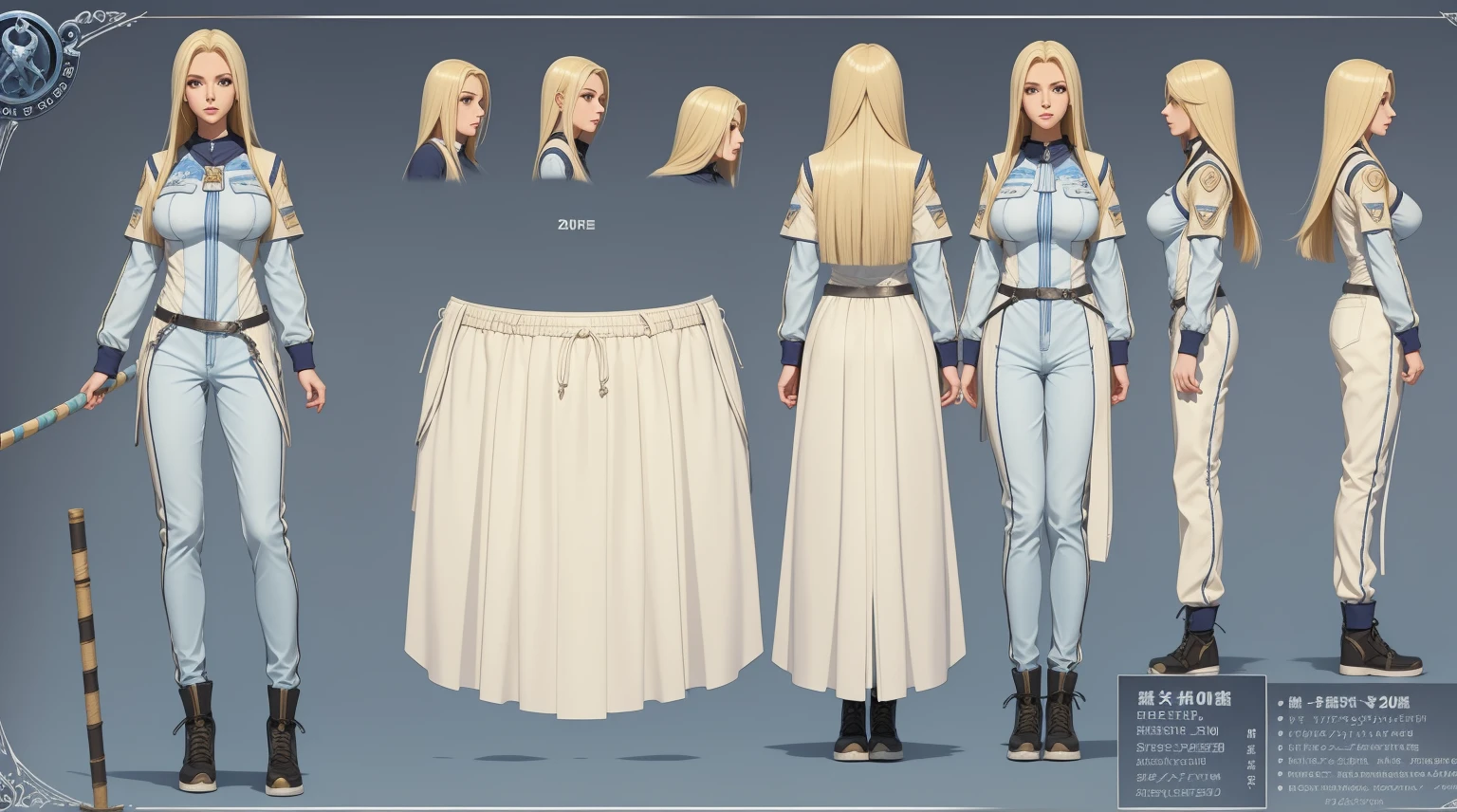 Female original character reference sheet adoptable((20year old)), hair((straight, blonde)), eyes((blue)), clothes((fencing clothes)), large breast,