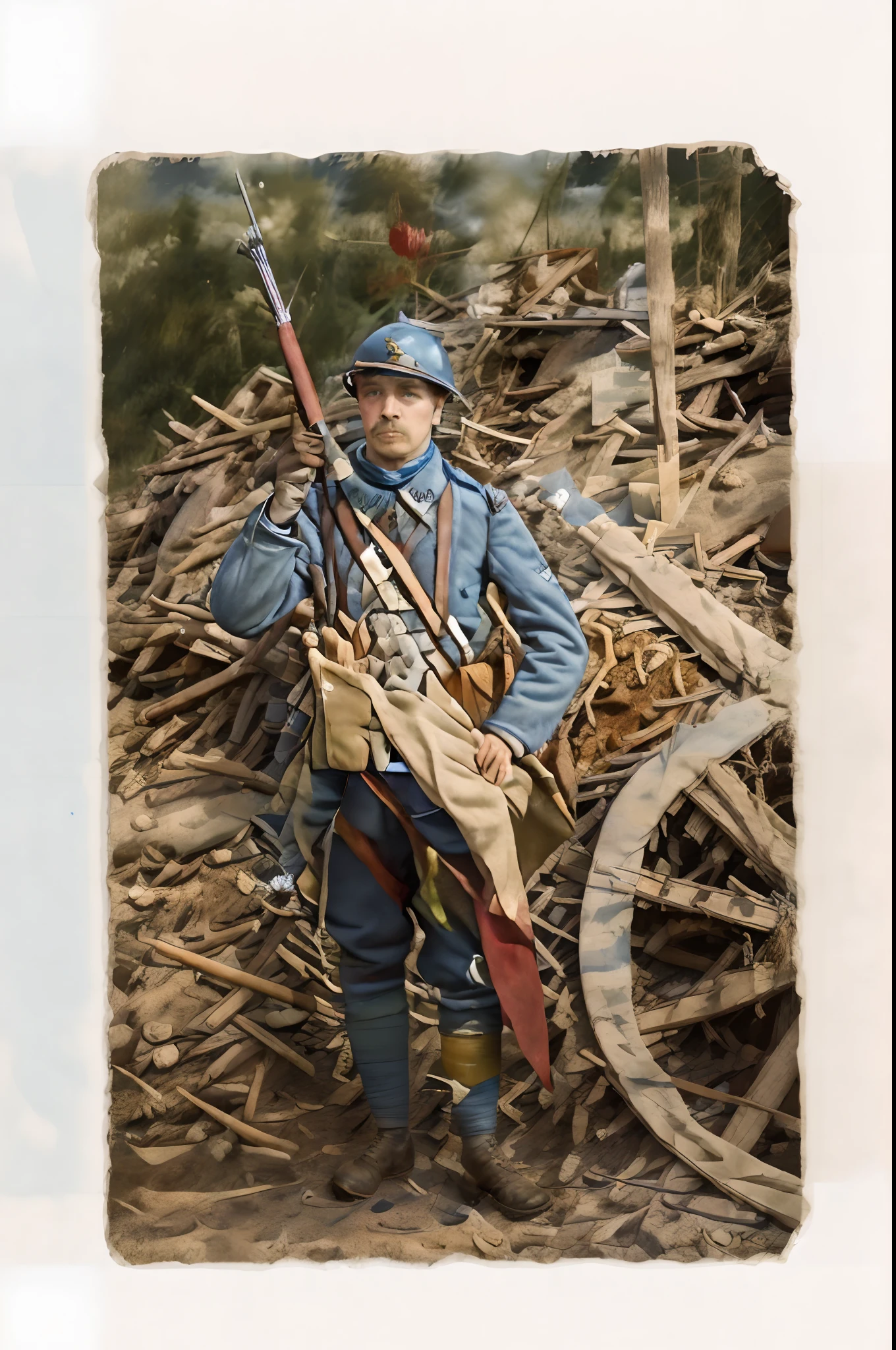 RAW photo, a WW1 French soldier standing neat demolished buildings and holding a tricolor flag with his hand, looking up, dirty, (high detailed skin:1.2), 8k uhd, dslr, soft lighting, high quality, film grain, Fujifilm XT3,there is a man in a uniform holding a flag and a cannon, ww1 photo, 1 9 1 7, 1907, full color photograph, ww 1, ww1, hand - tinted, alexandre chaudret, 1 8 0 0 s soldier, ww1 film photo, # 0 1 7 9 6 f, taken on a ww 1 camera