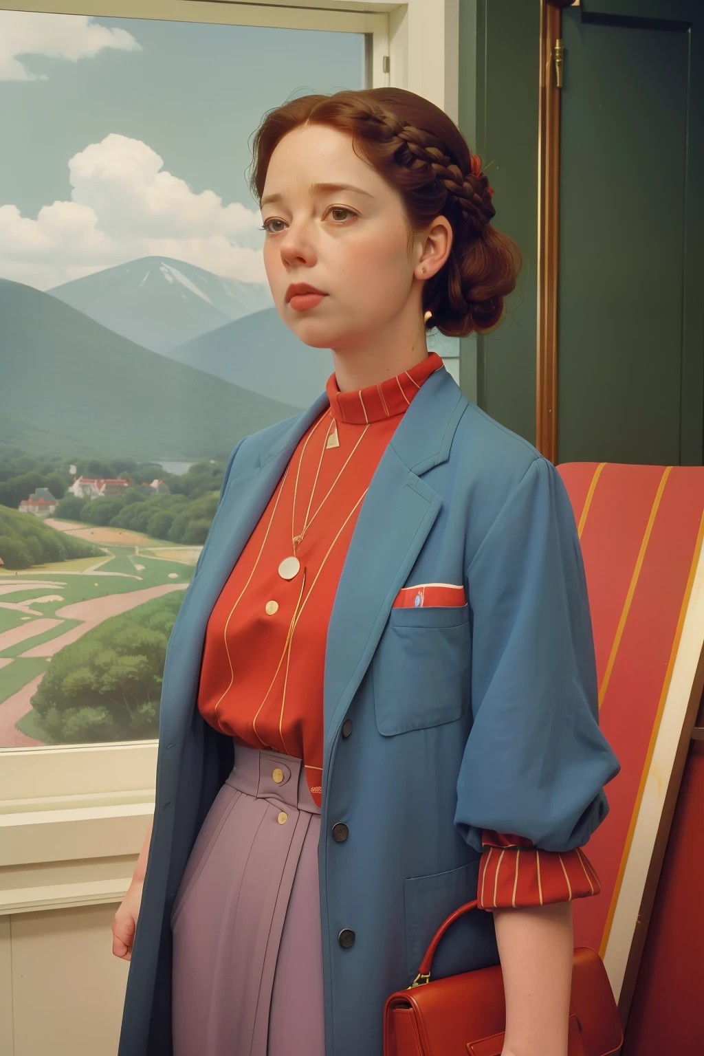 1995, massachusetts mountain village. Pre-raphaelite ((((40-year-old)) Olivia Colman)), doctor, going to work, ((((casual Clothing from the 1990s)))) ((Hairstyle of the 1990s)), ((Wes Anderson cinematic style)), colorful