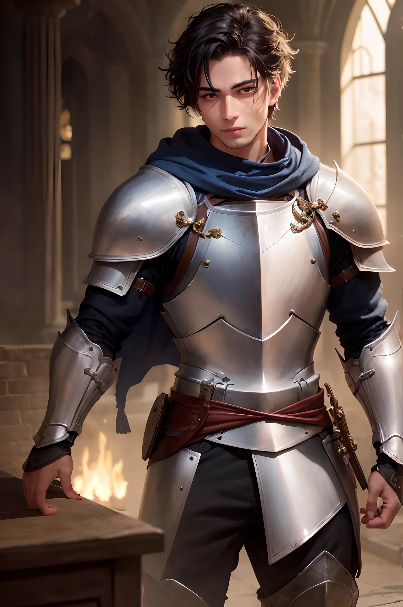 (best quality,4k,8k,highres,masterpiece:1.2),ultra-detailed,(realistic,photorealistic,photo-realistic:1.37),arafed man in armor standing in a room with a fireplace, male paladin, full portrait of magical knight, a human male paladin, dressed in light armor, attractive male with armor, unshaven male paladin, detailed armor with intricate engravings, glowing magical sword held firmly in his hand, intense gaze emanating determination and strength, reflections of dancing firelight on the armor, warm and cozy atmosphere in the room, intricate patterns on the walls and ceiling, soft carpet under his feet, majestic fireplace with crackling flames, hint of smoke rising from the chimney, rays of light illuminating the scene, casting dramatic shadows, ornate tapestries hanging on the walls, symbolizing valor and heroism, antique furniture and decorations adding to the medieval ambiance, faint whispers of ancient legends and tales filling the air, strong presence of ancient magic in the room, symbolized by floating orbs of light, mysterious and enchanting ambiance, striking contrast between the arafed man's strength and the serene surroundings, vibrant colors highlighting the magical elements, leaving viewers in awe of his awe-inspiring presence.