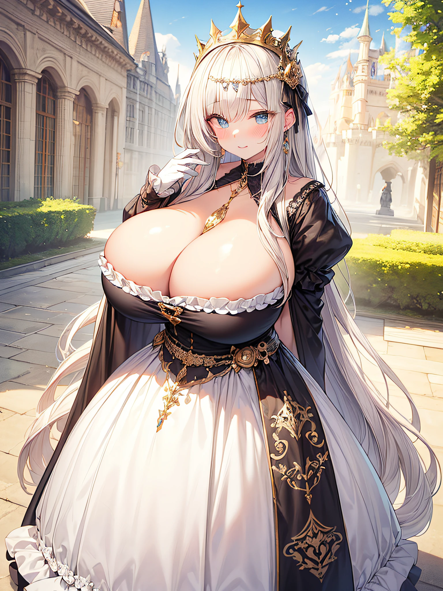 anime artstyle,Masterpiece,(Best Quality), (Super Detail),(Very Delicate and Beautiful),(Solo),((full body portrait)),full body,full body portrait,(detailed face and eyes),jewel-like beautiful eyes,((1 princess in a beautiful embroidery and jeweled rococo princess ballgown with jeweled and frilled voluminous full length hoop skirt)),((fantasy castle,outdoors,outside the castle)),((Crinoline,Long Train)),super detailed gorgeous princess ballgown with jeweled and frilled voluminous full length hoop skirt,jeweled Gorgeous rococo princess frilled ballgown with long train,jeweled Gorgeous rococo princess ballgown with long train,gorgeous rococo princess ballgown with beautiful embroidery and jeweled,((large amount of straight hair,extremely voluminous Very Long straight Hair,Absolutely Long Straight Hair)),(((gigantic boobs))),cleavage,long_gloves,extremely gorgeousfull hair ornament,bling-bling extremely gorgeousfull jeweled tiara,luxurious jewelry,full body portrait