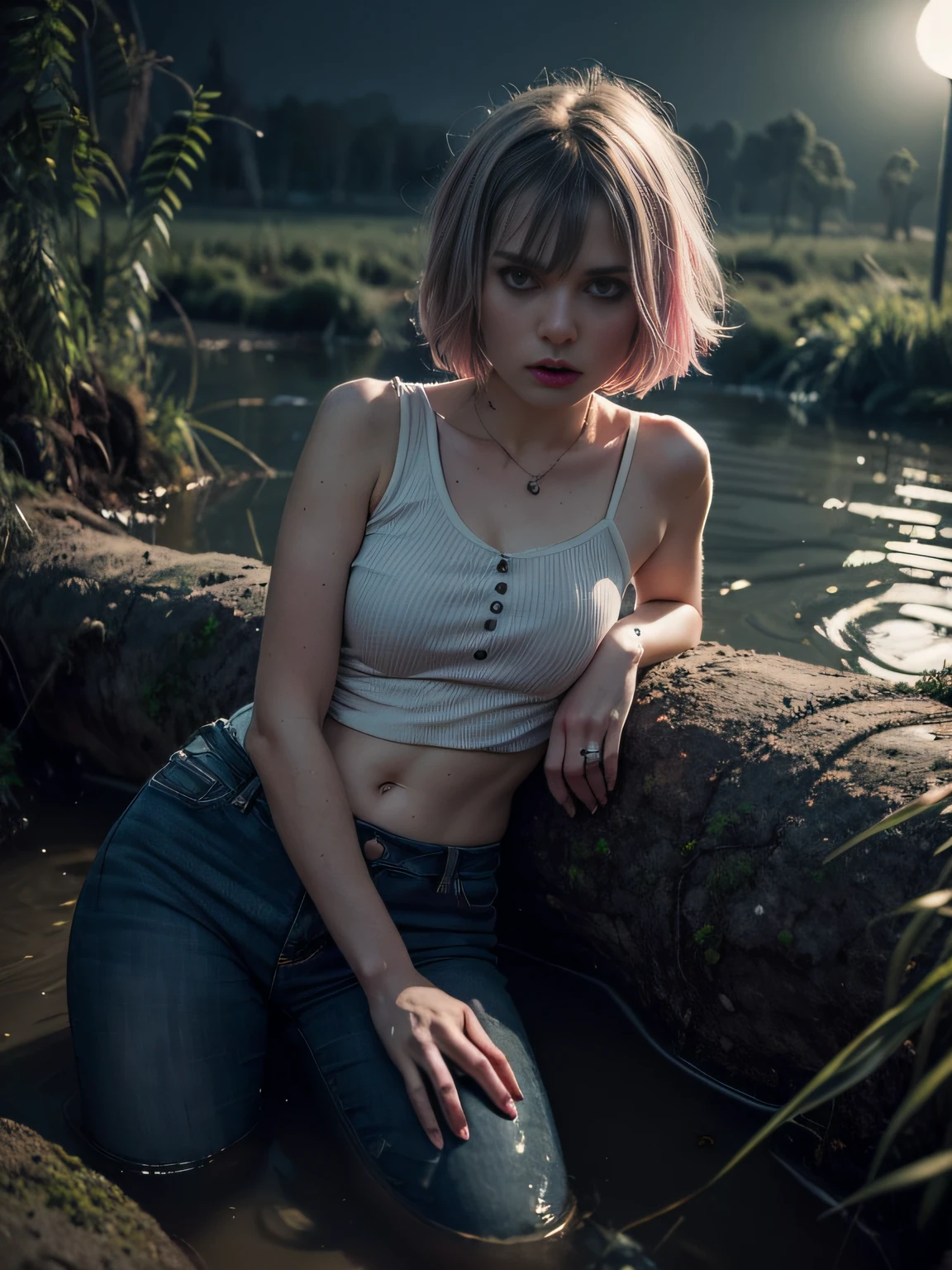 (Best Quality,hight resolution,Masterpiece, Overhead view:1.2),Ultra-detailed,The woman,Wide flares on jeans,sickly,drowning in a swamp,Standing in the swamp,gloomy ecstasy,fetish,dark gloomy atmosphere,gritty texture,Retro-atmosphere,warped reality,melancholic expression on his face,mysterious aura,foggy atmosphere,foggy background,Subtle color palette,provocative pose,Strong emotions,Coming Out of the Depths of Despair,Piercing gaze,intense shadows,Plunged in Darkness,Rugged terrain,ominous vibe,A supernatural sensation,Loss of Place in Time and Space,Eerie silence.asymmetrical bangs, freckles, pink short hair, Bangs, freckles, gray eyes,