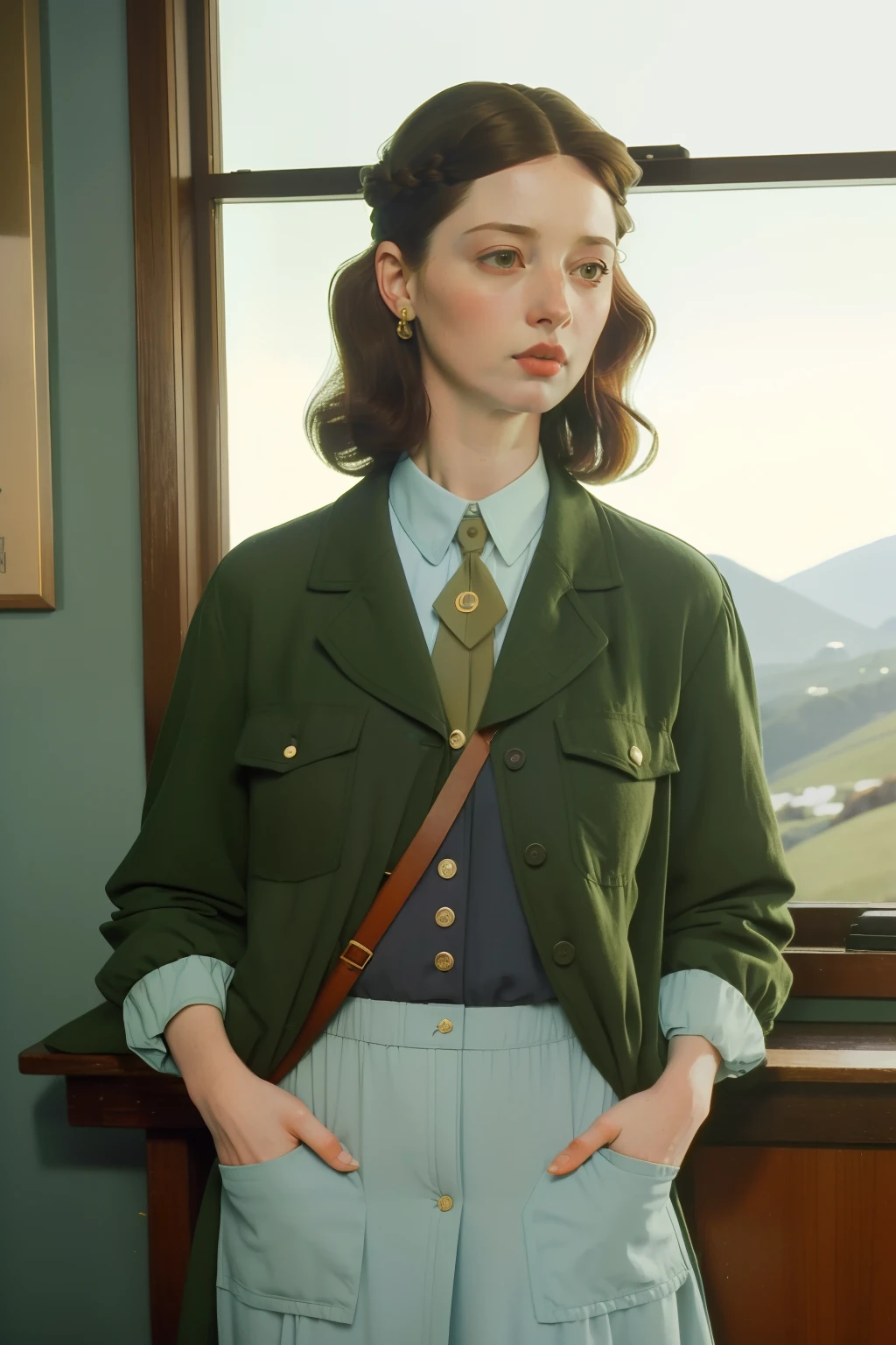 1995, massachusetts mountain village. Pre-raphaelite ((((40-year-old)) caitriona balfe)), doctor, going to work, ((((casual Clothing from the 1990s)))) ((Hairstyle of the 1990s)), ((Wes Anderson cinematic style)), colorful