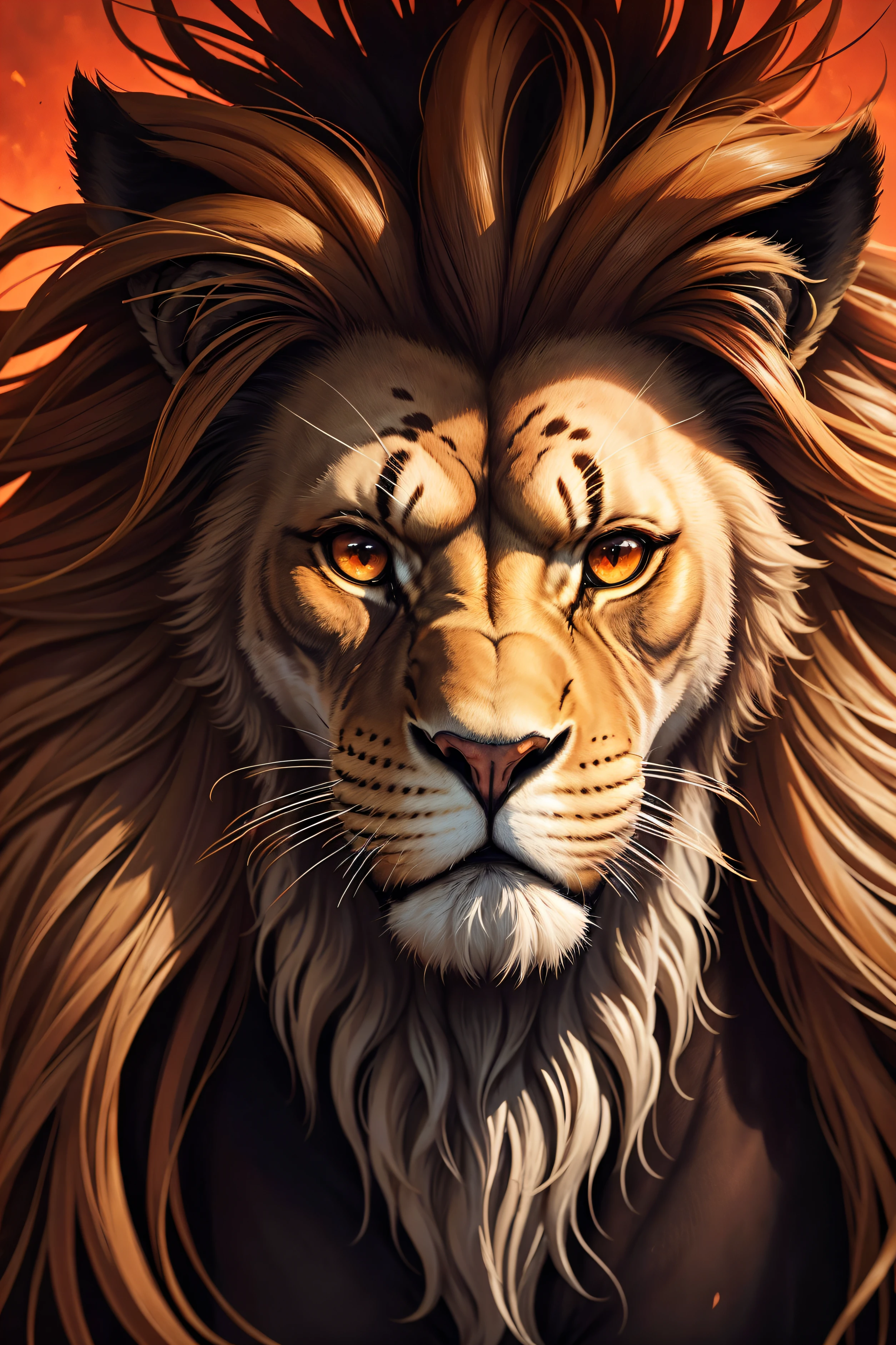 oil painting style of a lion's head. lion of judah style. big mane. frontal and focused gaze. Red eyes. the hair on his mane is all visible. completely black background.