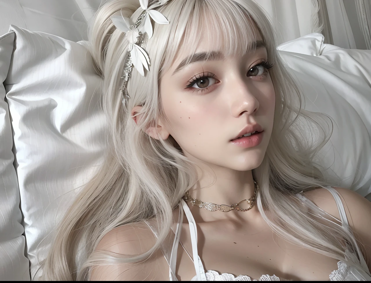 chica de pelo rubio con un vestido blanco y una gargantilla blanca, Cabello largo y blanco y flequillo, flequillo blanco, Peinado blanco de corte hime, con pelo largo blanco, ulzzang, cabello Whitebangs cabello, con el pelo largo y blanco, pale hair, pale porcelain white skin, Su cabello es blanco, Lalisa Manobal, Chica Cabello Plateado, Whitebangs