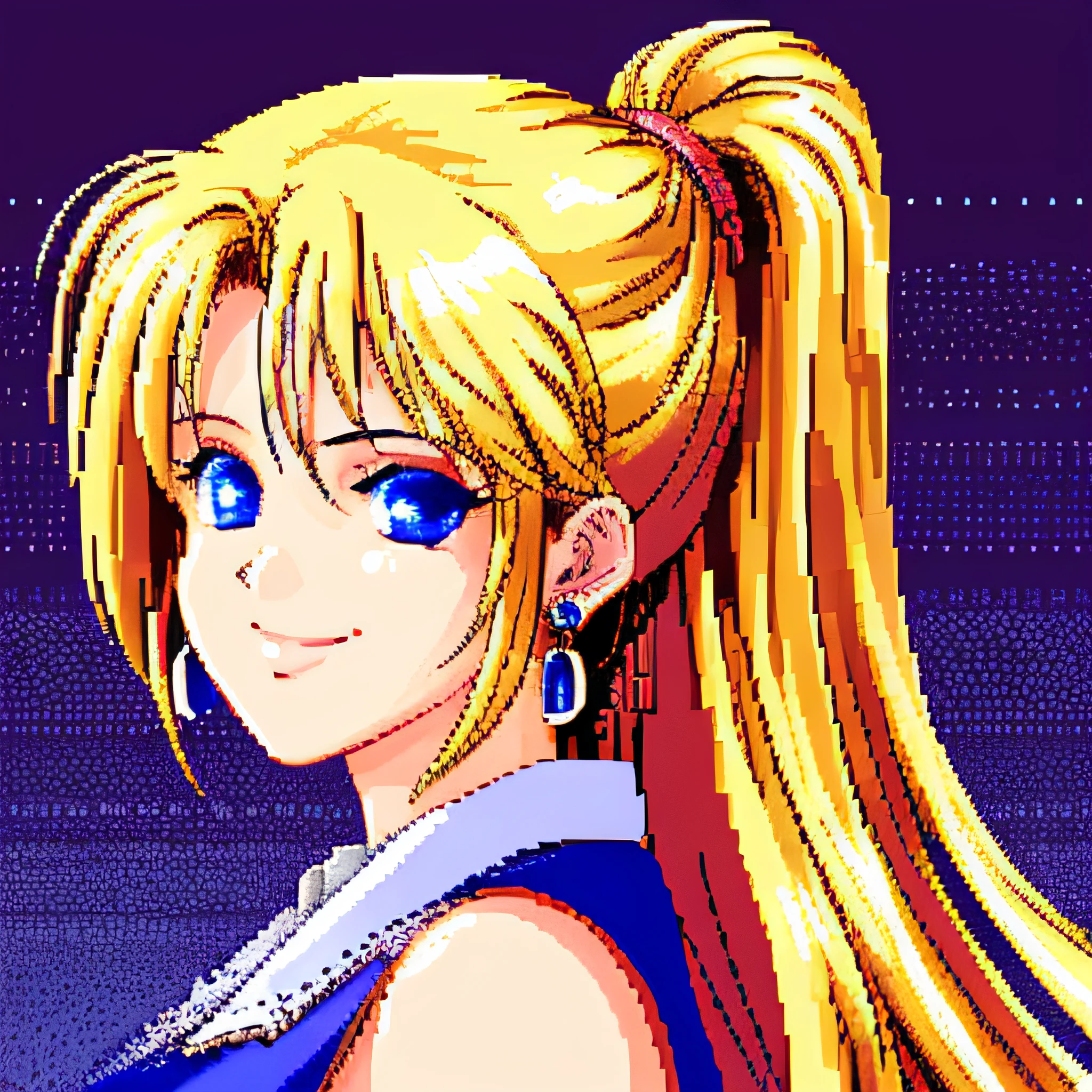 dithering,  pixel art,  halftone, pattern,  female, blond hair, blue eyes, smile, portrait, upper body, heart earrings, sleeveless blouse, sunset at background