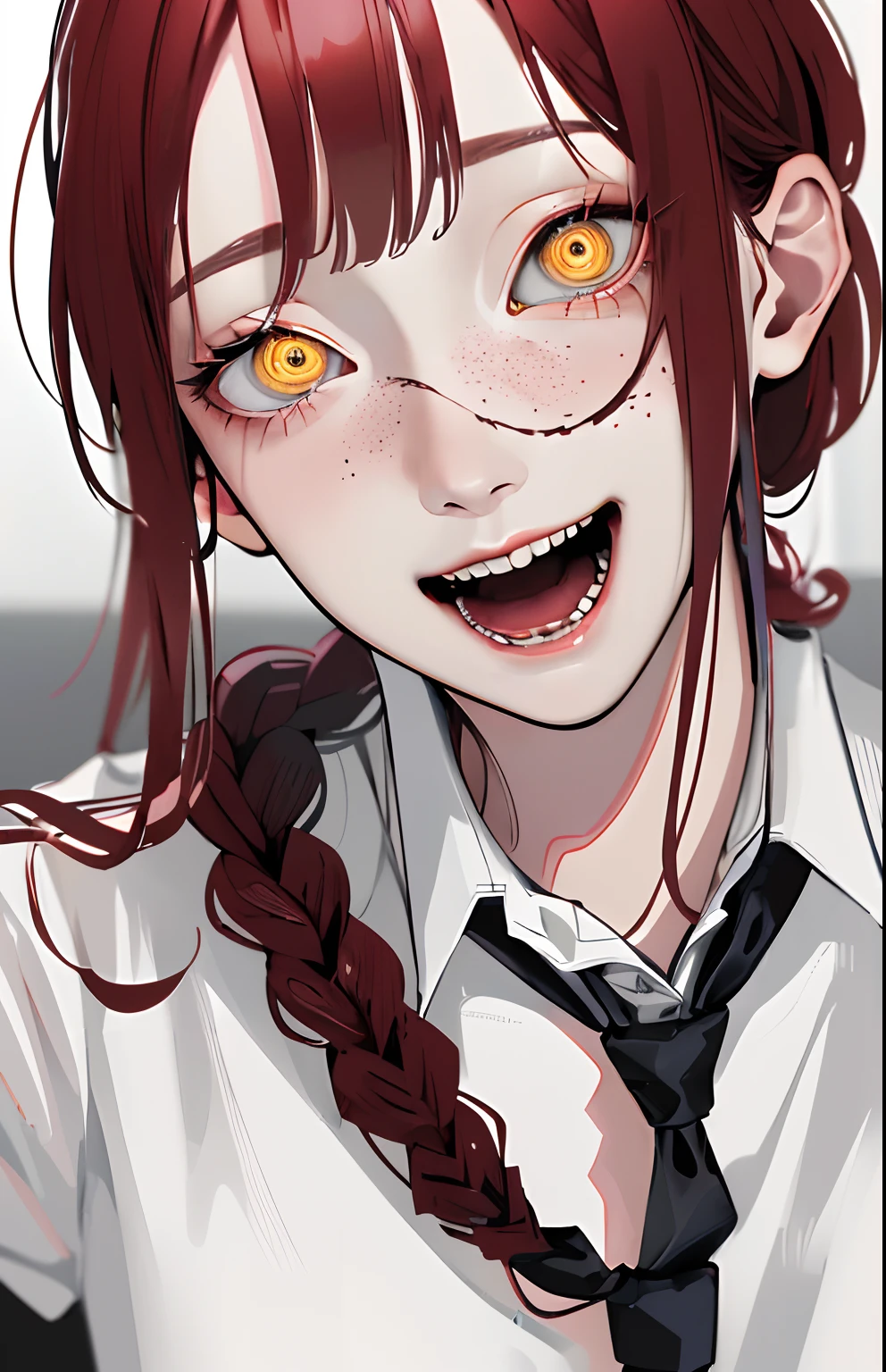 Masterpiece, (Photorealistic:1.4), Best Quality, crazy smile, Horror, Demon, Beautiful lighting, makima \(chainsaw man\), (red hair)+(hairlong, braided)+(Bangs), Yellow eyes, golden eyes, (ringed eyes), (white  shirt), (tie),
RAW photo, 8K UHD, Film grain