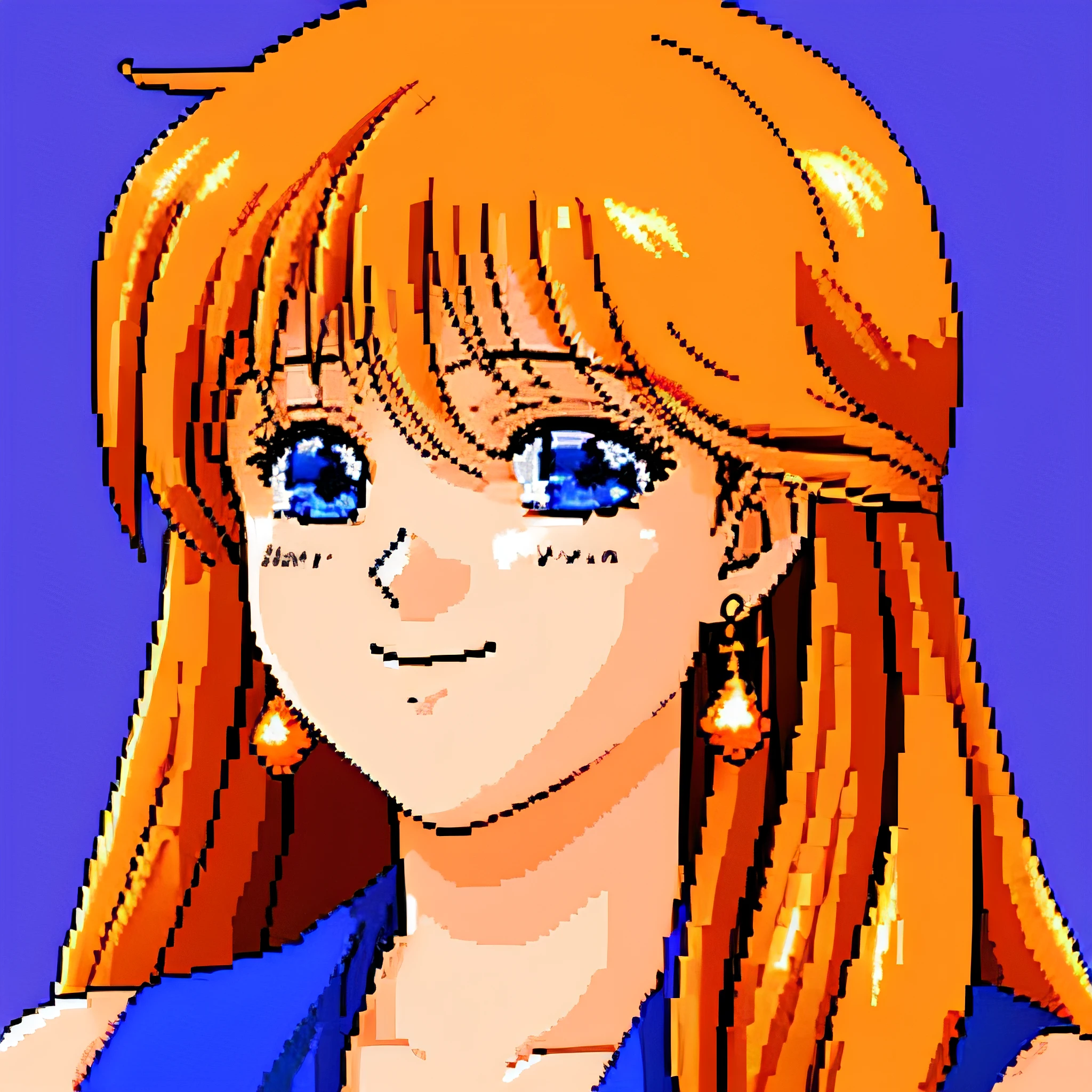 dithering,  pixel art,  halftone, pattern,  female, orange hair, blue eyes, smile, portrait, upper body, heart earrings, sleeveless blouse, cleavage, sunset at background