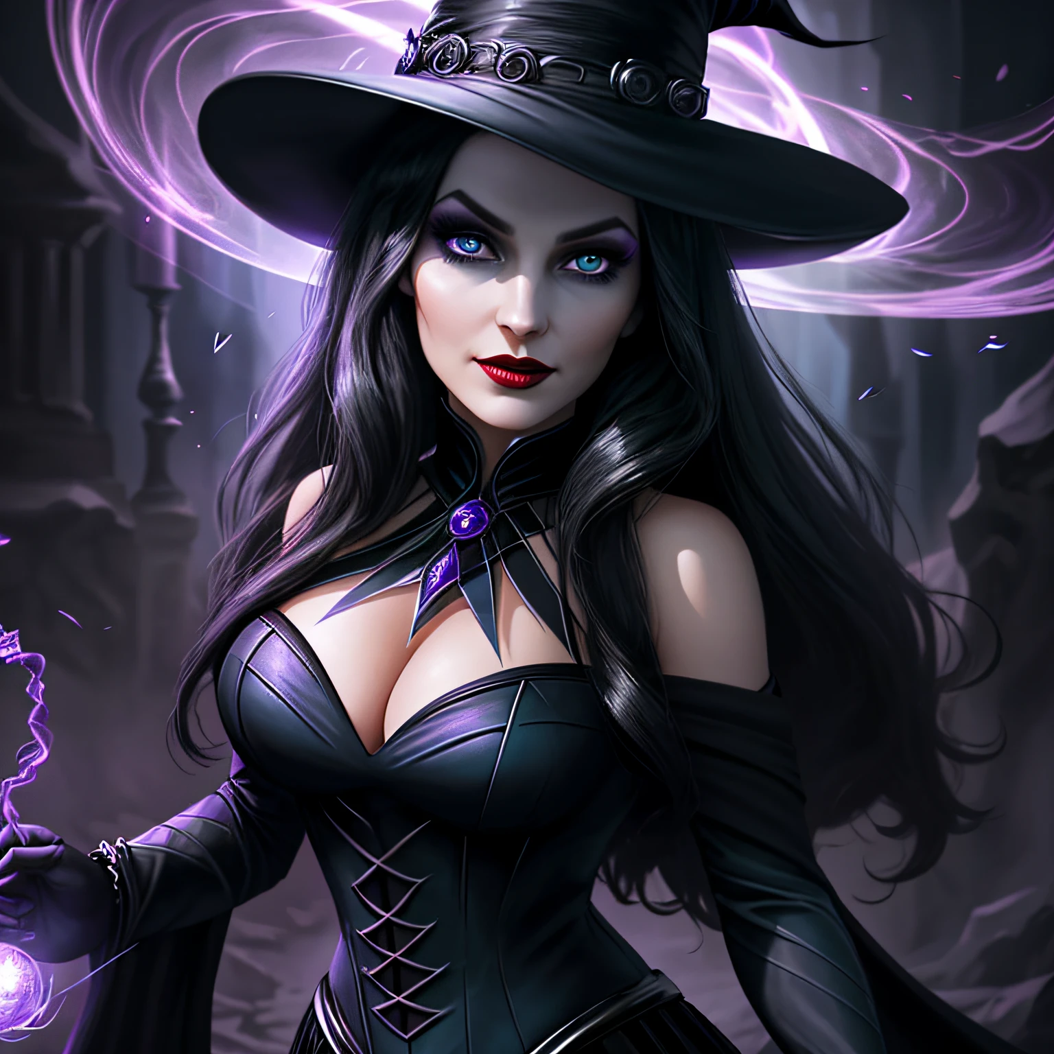 extreme close up, Zatanna из DC Comics, beautiful face, highly detailed face, hourglass figure, symmetrical, long flowing black hair, mesmerizing blue eyes, hypnotic eyes, goth makeup, lush red lips, smiling, alluring goth witch, black dress, villainess, sorceress, enchantress, magical, powerful, epic, enchanting, fair skin, facing viewer, looking at viewer, dark fantasy, purple smoke swirls around her, wisps of purple smoke in background, real, high detail, best quality, magic in 8k