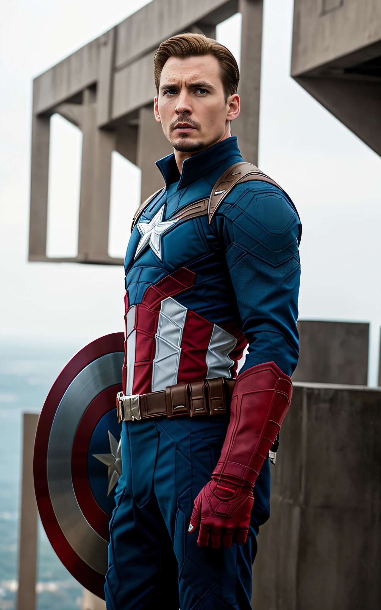 Captain America transformed into a pirate costume, still wearing his helmet, standing on the boat.  
