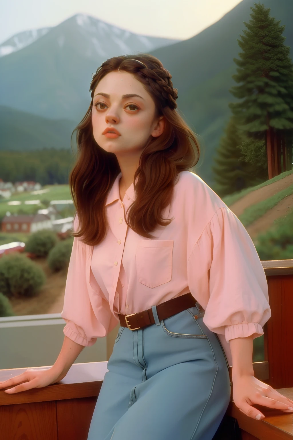 1995, massachusetts mountain village. Pre-raphaelite ((((40-year-old)) mila kunis)), doctor, going to work, ((((casual Clothing from the 1990s)))) ((Hairstyle of the 1990s)), ((Wes Anderson cinematic style)), colorful