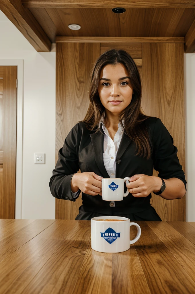 4 corporate printed white mugs with company logos sitting on a board room table, 3 business men and 1 cute business woman in skirt, realistic, large oak table, mugs are the same, photo of company logo on each mug