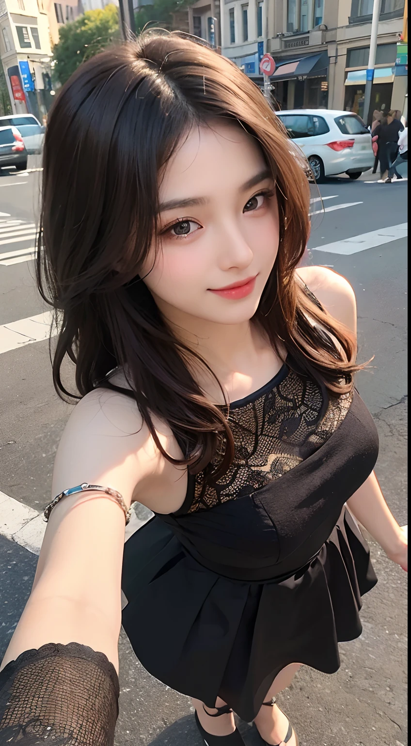 ((Best quality, 8k, Masterpiece :1.3)), 1girl, smiling, full body, slim face, Pretty woman, (Dark brown hair), full length dress :1.1, Ultra-detailed face, Detailed eyes, Double eyelid, blur background, slim face, city, outside, street,