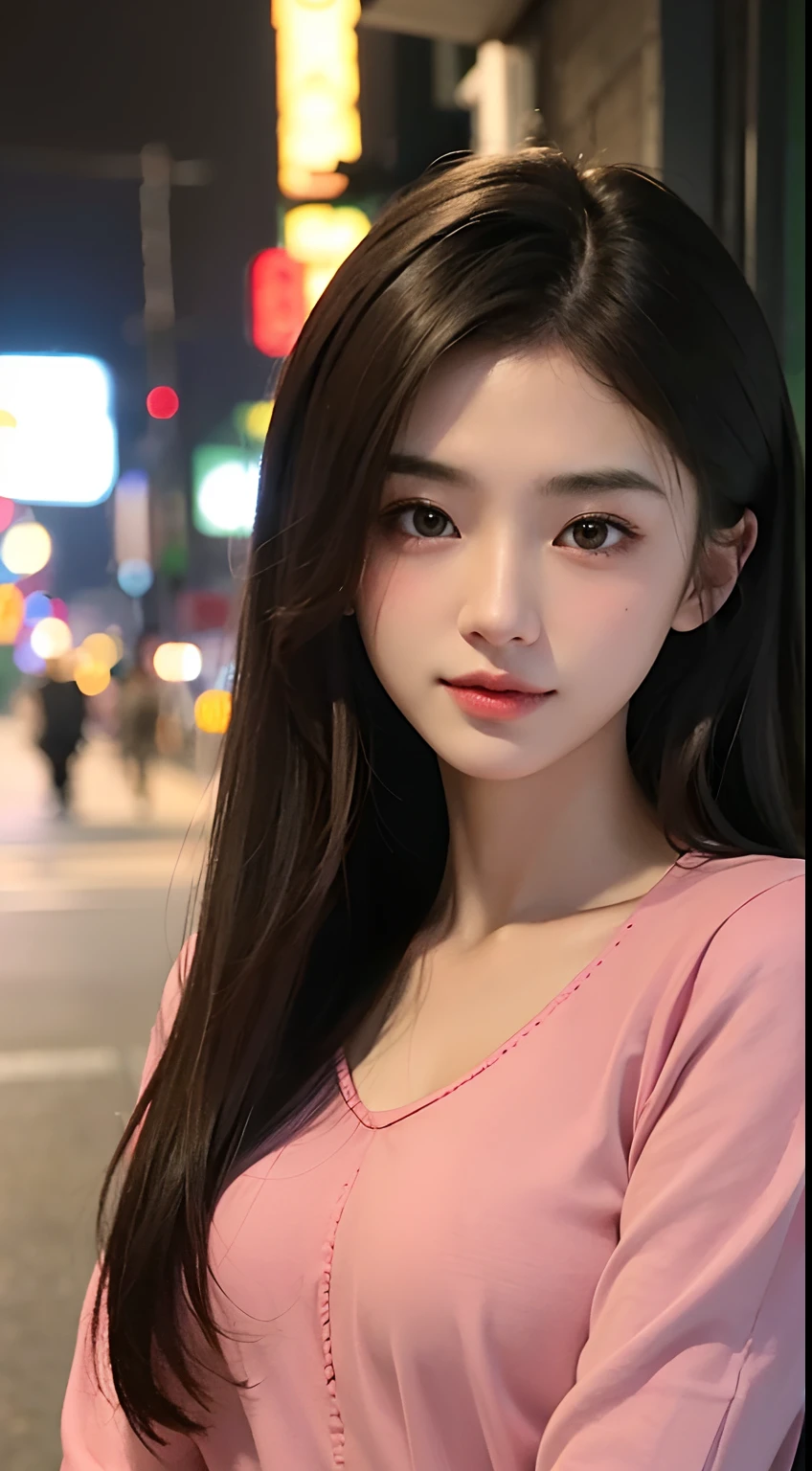 ((top-quality、8k、masterpiece:1.3))、1girl in、a smile、full bodyesbian、Slim Faces、Pretty women、(dark brown hair)、fashion model outfit:1.1、hyperdetailed face、A detailed eye、二重まぶた、Walking、shot from a side angle、blured background、Slim Faces、城市、takeout、a street、