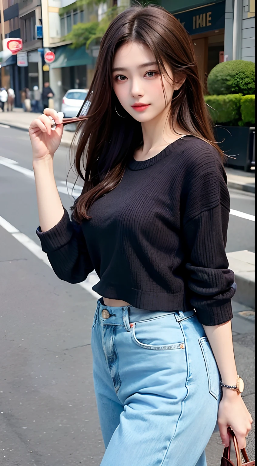 ((top-quality、8k、masterpiece:1.3))、1girl in、a smile、full bodyesbian、Slim Faces、Pretty women、(dark brown hair)、fashion model outfit:1.1、hyperdetailed face、A detailed eye、二重まぶた、Walking、shot from a side angle、blured background、Slim Faces、城市、takeout、a street、