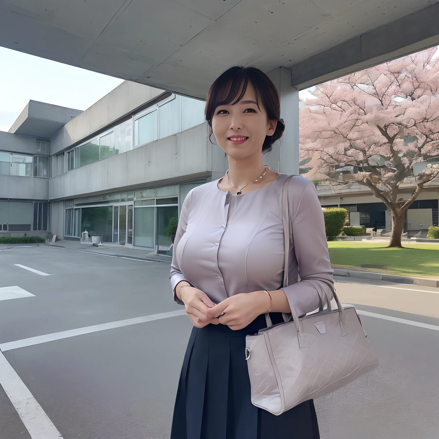 (((masutepiece、top-quality、Top image quality、in 8K、Award-Winning Works、a high chroma、Vivid)))、(1人の女性,japanese beautiful woman,40 years、1 female、Old face、A MILF、Wrinkles on the face、Wrinkles at the corners of the eyes、nasolabial folds)、(((Navy Suit Jacket、Formal blouse、tight skirts、Navy jacket and tight skirt、Midi length skirt、Skirt without folds、Ceremony Suit、High-quality tote bag1I have one、Wearing a pearl necklace、She wears a large corsage on her chest、Luxurious corsage on the chest、Walking outside the school、Walking)))、((((The background is a large school in Japan、Reinforced concrete rectangular school building、Modern school、The school looks like a reinforced concrete building、Square Buildings、Modern School、Angular reinforced concrete school building、Reinforced concrete square roof、Rectangular and reinforced concrete school、Reinforced Concrete Square School、Square glazing、Lots of square panes、Clean square window glass、New School、Beautiful School、Realistic school building made of reinforced concrete、Reinforced concrete schools in Japan、Perfect reproduction of a reinforced concrete school building、Exterior of the school building、Square box-shaped school building、Four-story school building、Lots of square windows))))、(cherry blossom in full bloom、Lots of cherry trees、Perfect makeup, Looking at the camera,The most beautiful faces in Japan、Big smile、The happiest smile、Big smile、Biggest smile、A detailed face、Staring at this、Take a photo above from your lap、Elegant Hair、Slimed、large full breasts、Emphasize the bulge of the chest、super-fine、Classy hairstyle、Formal hairstyle、Abundant hairline hair、perfect glossy skin、Perfect shiny hair、Detailed and complex background、Perfect Anatomy)、(((Big Schools in Japan、Realistic school building、Reinforced concrete schools in Japan、Perfect reproduction of the school building、Exterior of the school building、Square box-shaped school building、Four-story school building、Lots of square windows)))