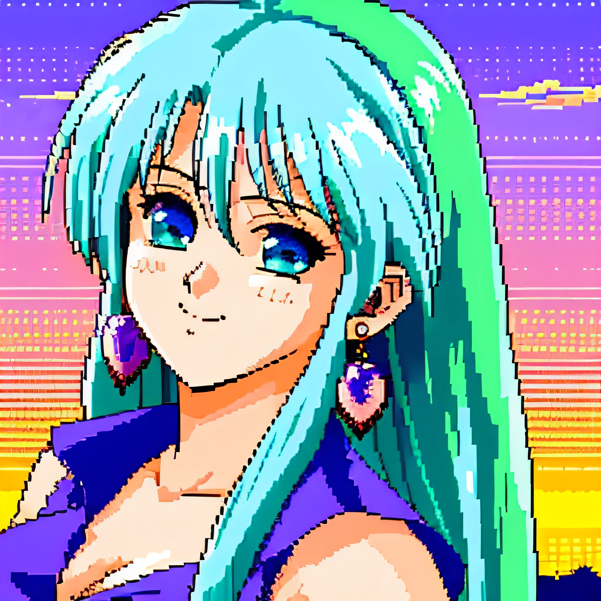 dithering,  pixel art,  halftone, pattern,  female, blue hair, green eyes, smile, full body annoyed pose,, heart earrings, sleeveless blouse, cleavage, sunset at background