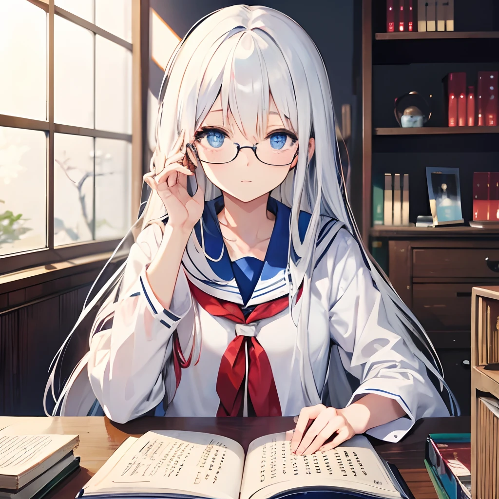blue eyes, long hair, white hair, japanese student uniform, glasses, studying, table, looking at books