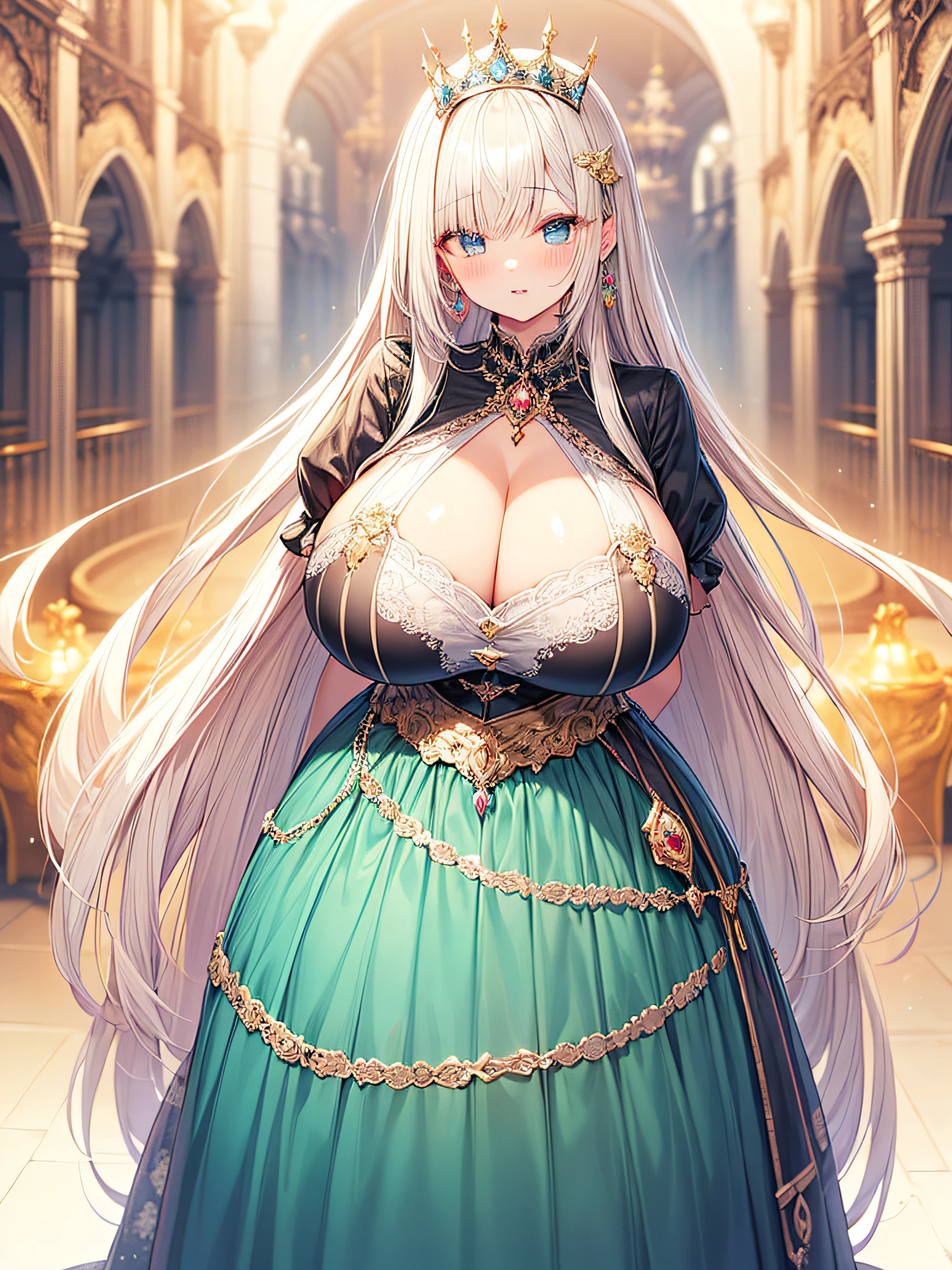 anime artstyle,Masterpiece,(Best Quality), (Super Detail),(Very Delicate and Beautiful),(Solo),((full body portrait)),full body,full body portrait,(detailed face and eyes),jewel-like beautiful eyes,((1 princess in a beautiful embroidery and jeweled rococo princess ballgown with voluminous frilled full length hoop skirt)),((fantasy castle,outdoors,outside the castle)),((Crinoline)),super detailed gorgeous princess ballgown with frilled voluminous full length hoop skirt,jeweled Gorgeous rococo princess frilled ballgown,jeweled Gorgeous rococo princess ballgown,gorgeous rococo princess ballgown with beautiful embroidery and jeweled,((large amount of straight hair,extremely voluminous Very Long straight Hair,Absolutely Long Straight Hair)),((gigantic boobs)),cleavage,long_gloves,extremely gorgeousfull hair ornament,bling-bling extremely gorgeousfull jeweled tiara,((luxurious jewelry)),full body portrait