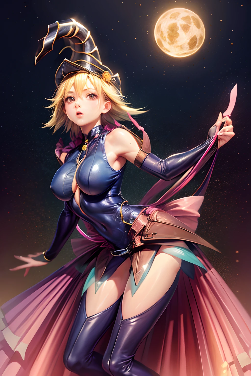 (Obra maestra:1.2), (La mejor calidad:1.2), Perfect lighting, Chica Maga Oscura lanzando un hechizo, flotando en el aire, tetas grandes, escote, fondo de magia. Corazones transparente en el hambiente, blue robe, sombrero grande, desde arriba, Destellos de magia